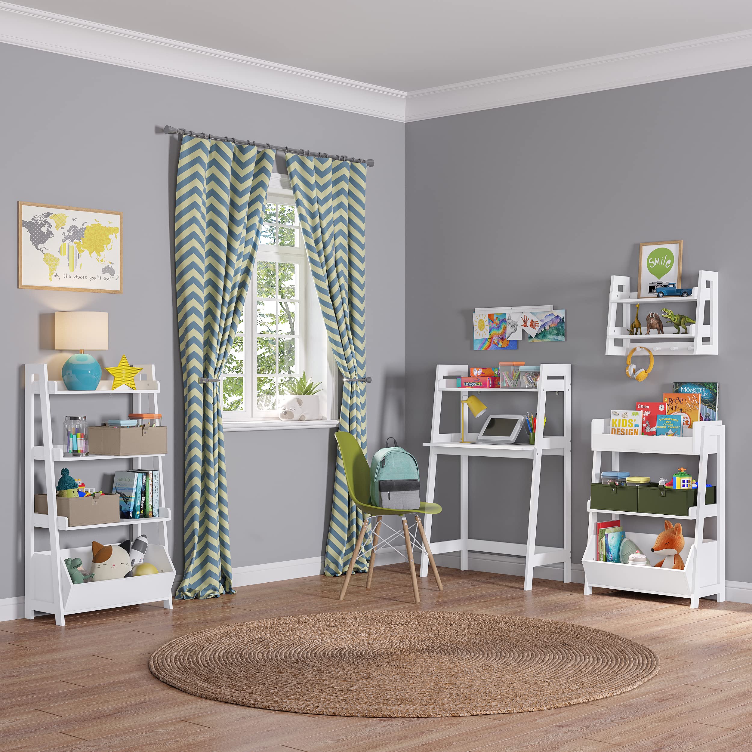 RiverRidge Kids 4-Tier Ladder Shelf Bookcase with 2 Taupe Fabric Bins - Toy Organizer & Book Display Stand for Nursery, Playroom & Bedroom - Spacious Open Shelves for Books, Toys & Games Storage