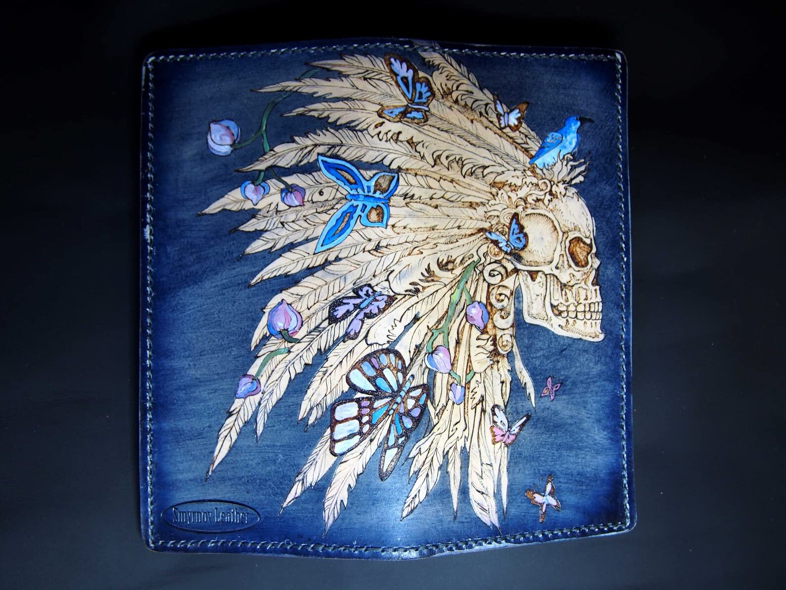 Handcrafted 3D Genuine Leather Wallet for Men - Long Biker Travel Wallet with Blue Skull Indian Hand-Carved Design | Custom Personalized Clutch Wallet for Everyday Use, Gifts & Motorcycle Riders