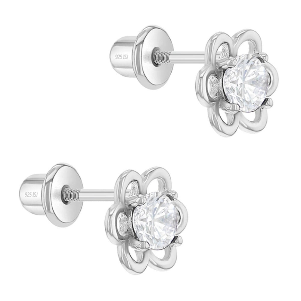 Sterling Silver Solitaire Flower Earrings for Girls with Clear CZ Stones – Perfect for Birthdays, Gifts & Special Occasions