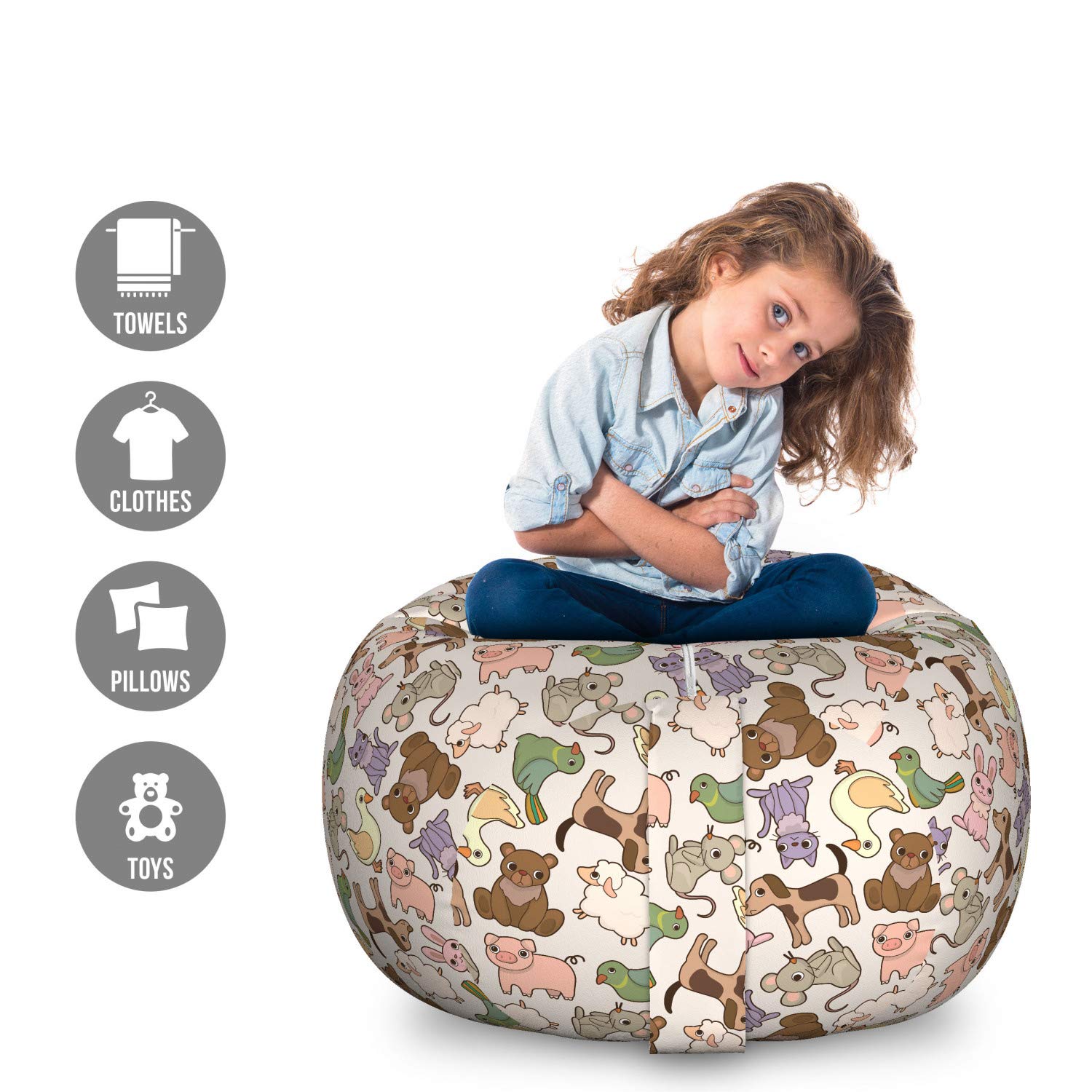 Ambesonne Animal Toy Storage Bag Chair - Large Washable Stuffed Animal Organizer with Cartoon Farm Animals Design (Pigeons, Sheep, Pig) | Perfect for Kids' Room, Playroom & Nursery Organization