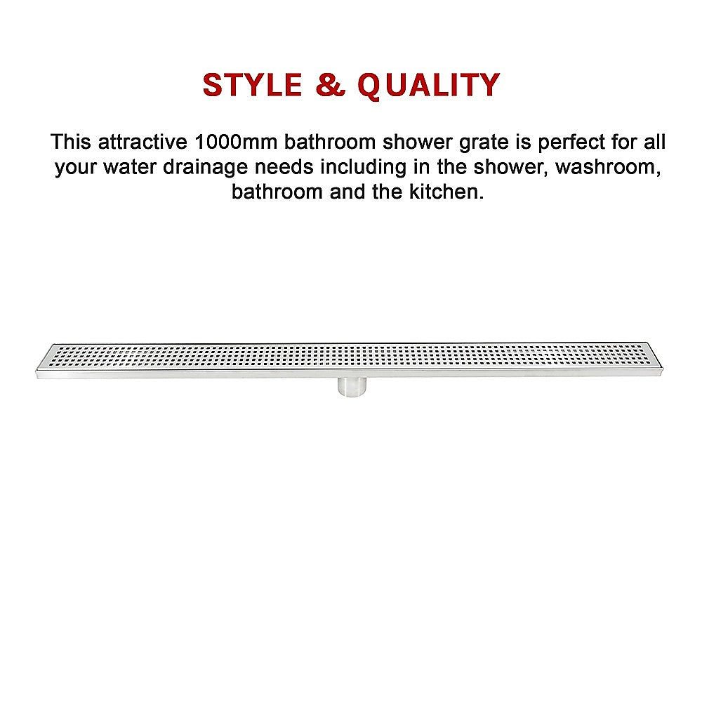 1000mm Stainless Steel Shower Drain Grate - Square Pattern with Center Outlet - Heavy Duty Bathroom Floor Waste for Wet Room & Shower Enclosure