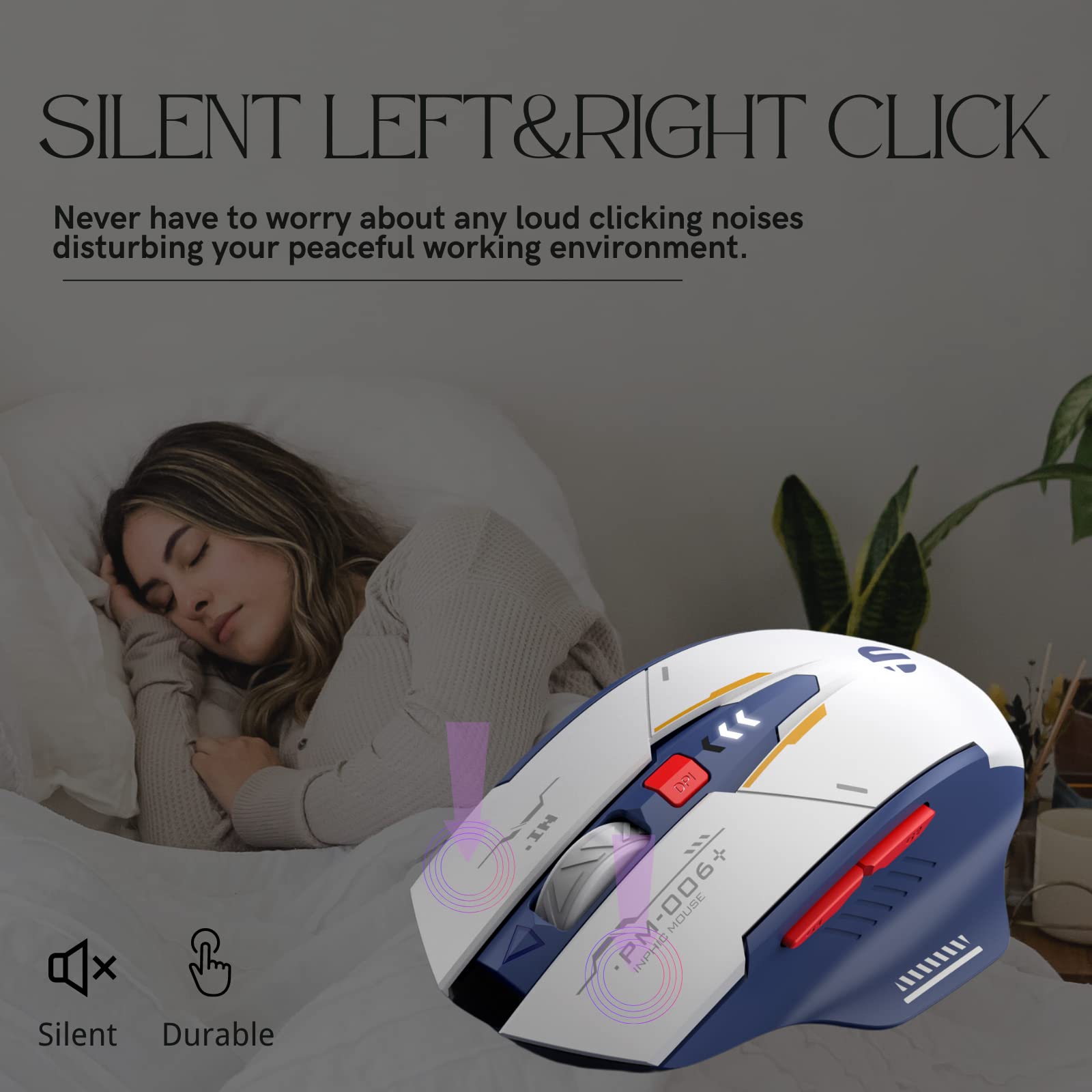 Rechargeable Wireless Mouse 2.4G USB Ergonomic Silent Computer Mouse with 3 Adjustable DPI Levels, Visible Battery Indicator, Blue & White Design for Laptop, PC, Office, and Home Use
