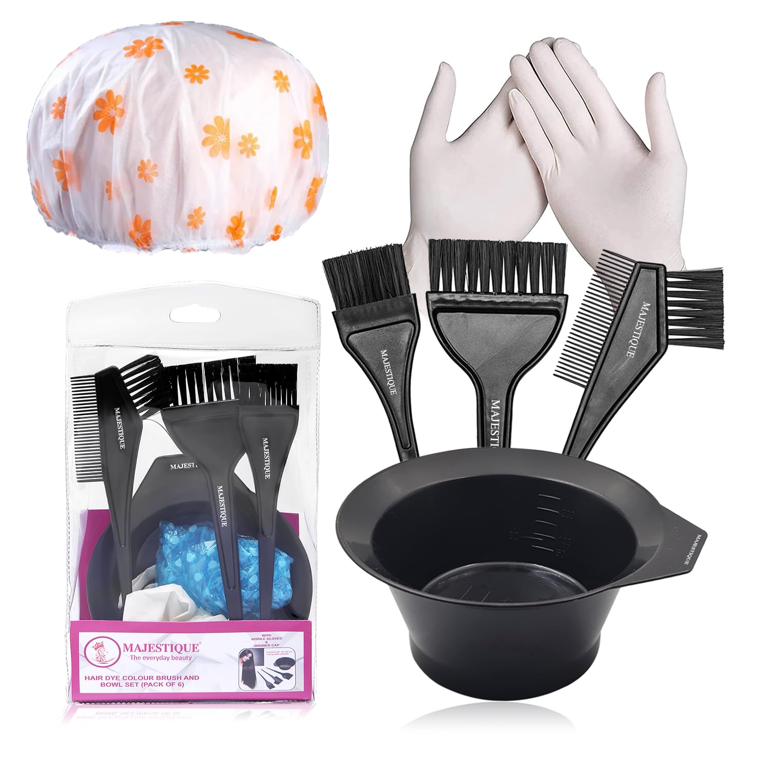 Majestique 6-Piece Hair Coloring Kit - Professional Hair Dye Brush Set with Tinting Bowl, Coloring Cape & Gloves for Salon & Home Hair Dyeing, Bleaching & Highlights - Perfect for DIY Hair Color & Styling