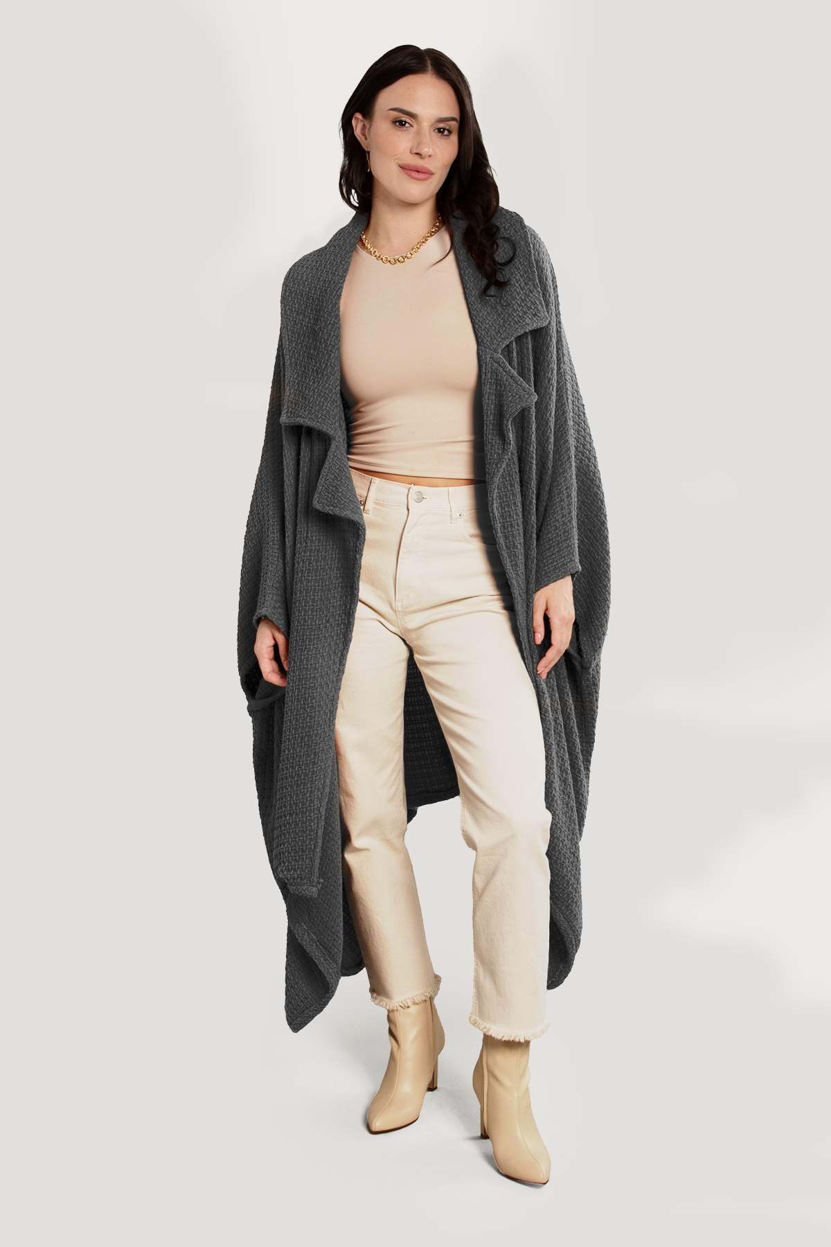 Oversized Waffle Knit Collared Jacket for Women - Cozy Winter Cardigan with Pockets - Perfect for Casual Outfits, Lounge Wear & Coffee Dates