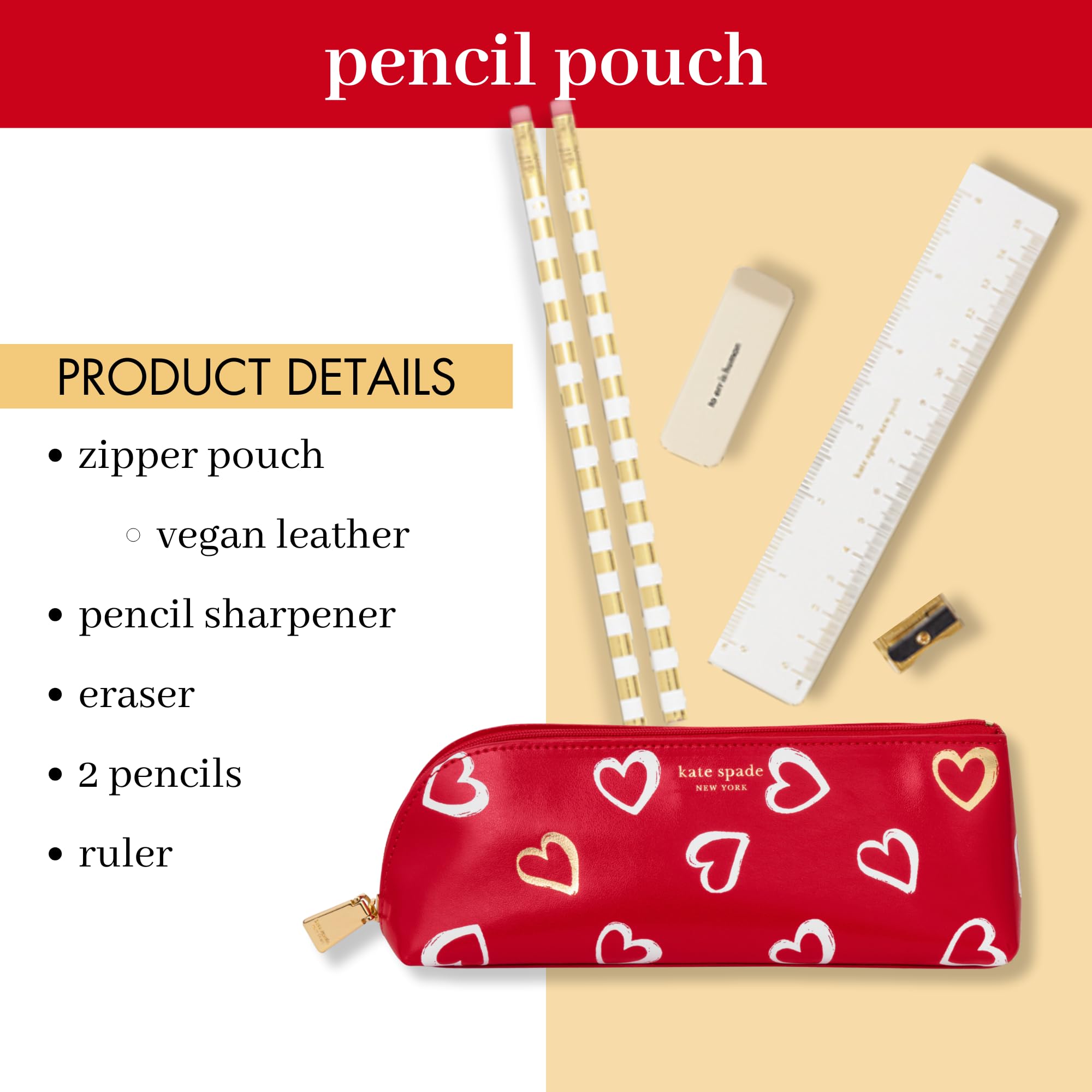 Kate Spade New York Heart Print Pen & Pencil Case Set - Includes 2 Pencils, Sharpener, Eraser, Ruler - Stylish Zip Pouch for Office, School, Work & Travel Organization (Brushstroke Hearts Design)