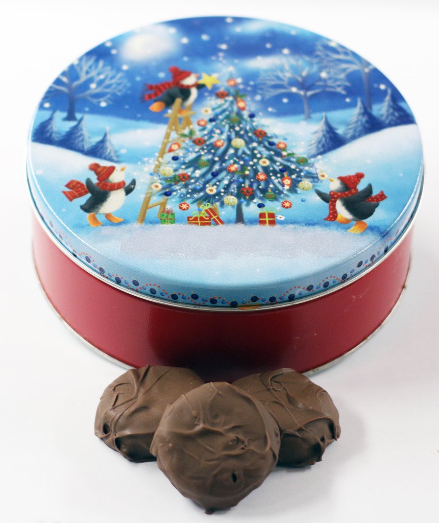Scott's Cakes Milk Chocolate Covered Chocolate Creme Oreos - Mini Penguin Christmas Tree Ornament Tin - Perfect for Holiday Gifting, Party Favors & Festive Treats