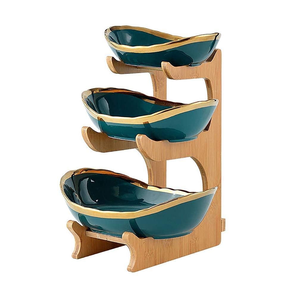 3-Tier Wooden & Ceramic Fruit Basket - Large Multi-Purpose Display for Fruits, Cakes, Desserts, Snacks, Sushi - Perfect for Kitchen, Dining Table, Party Serving, and Home Decor