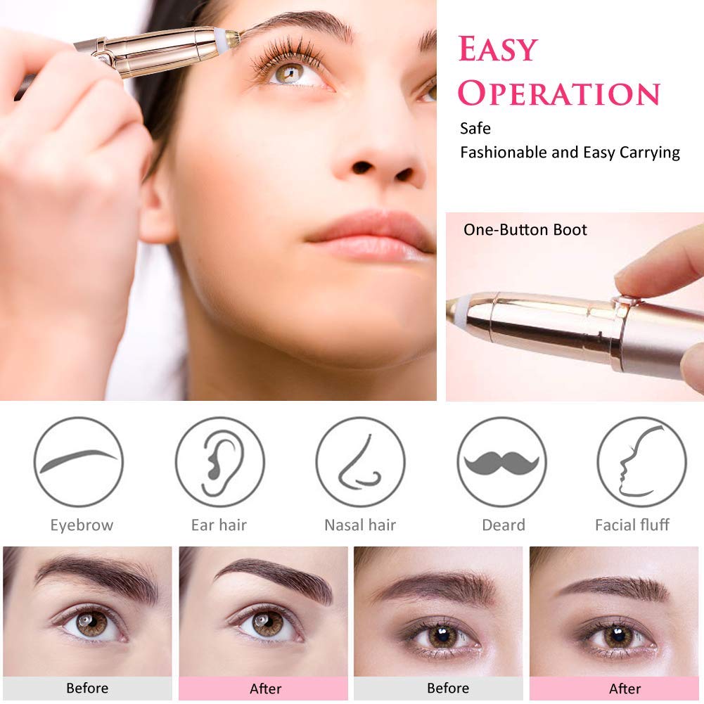 Painless Eyebrow Razor & Trimmer for Women - USB Rechargeable Eyebrow Epilator Pen with LED Light & Cleaning Brush - Precise Eyebrow Hair Remover for Home & Travel Use