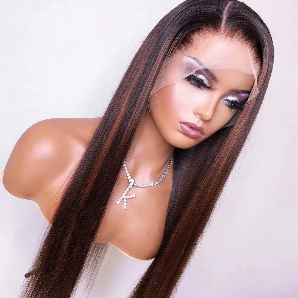 QUINLUX HD Transparent 360 Lace Front Wig - Pre Plucked #1B/#30 Ombre Black to Brown Highlights - 150% Density Silky Straight Human Hair Wig with Baby Hair & Bleached Knots - 14 Inch Remy Lace Wig for Women - Perfect for Daily Wear, Parties & Special Occasions