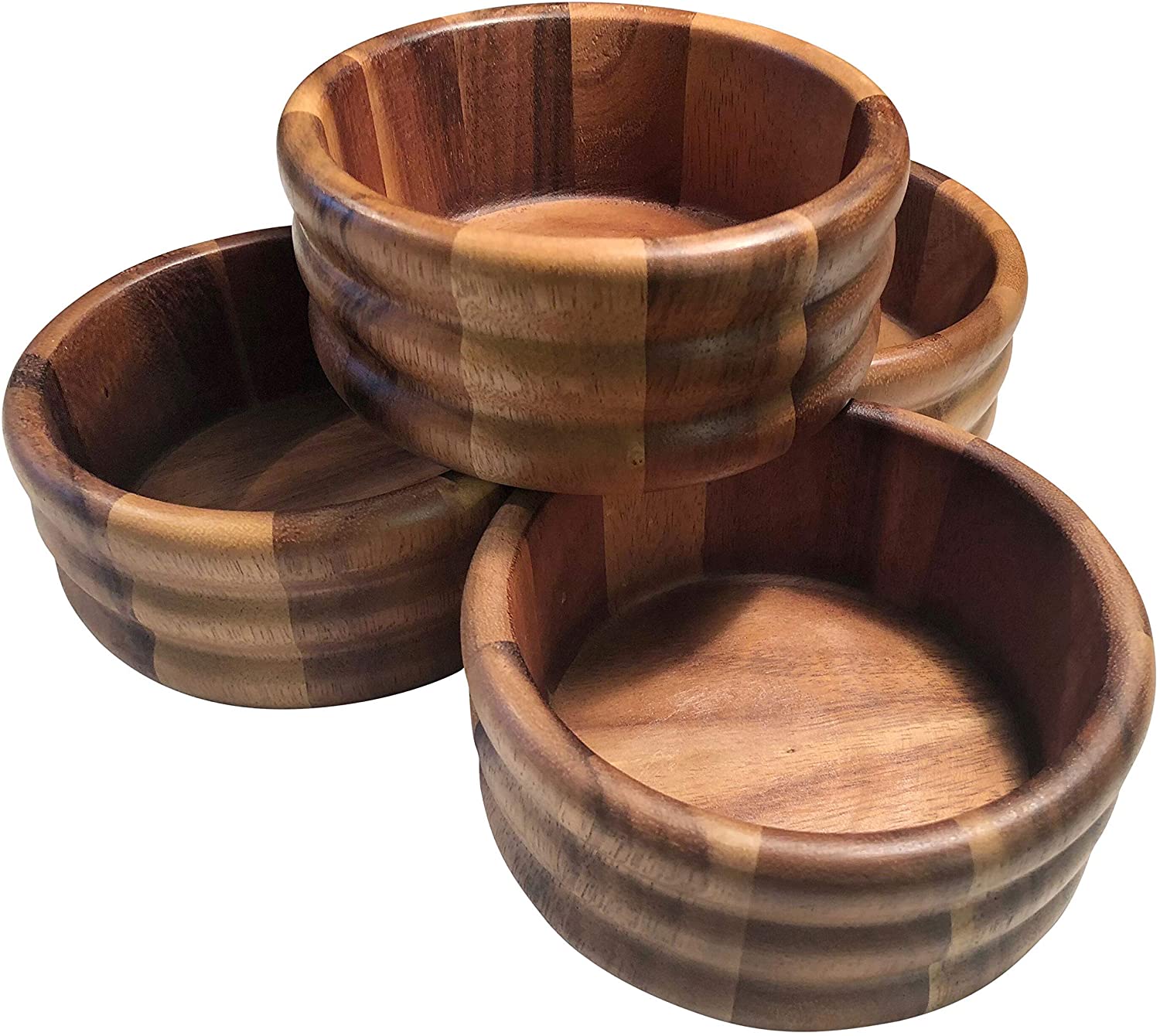 Kalmar Home Acacia Wood 6 Inch Ribbed Salad Bowls Set of 4 - Perfect for Serving Salads, Pasta, Snacks & Appetizers at Parties, BBQs & Family Dinners