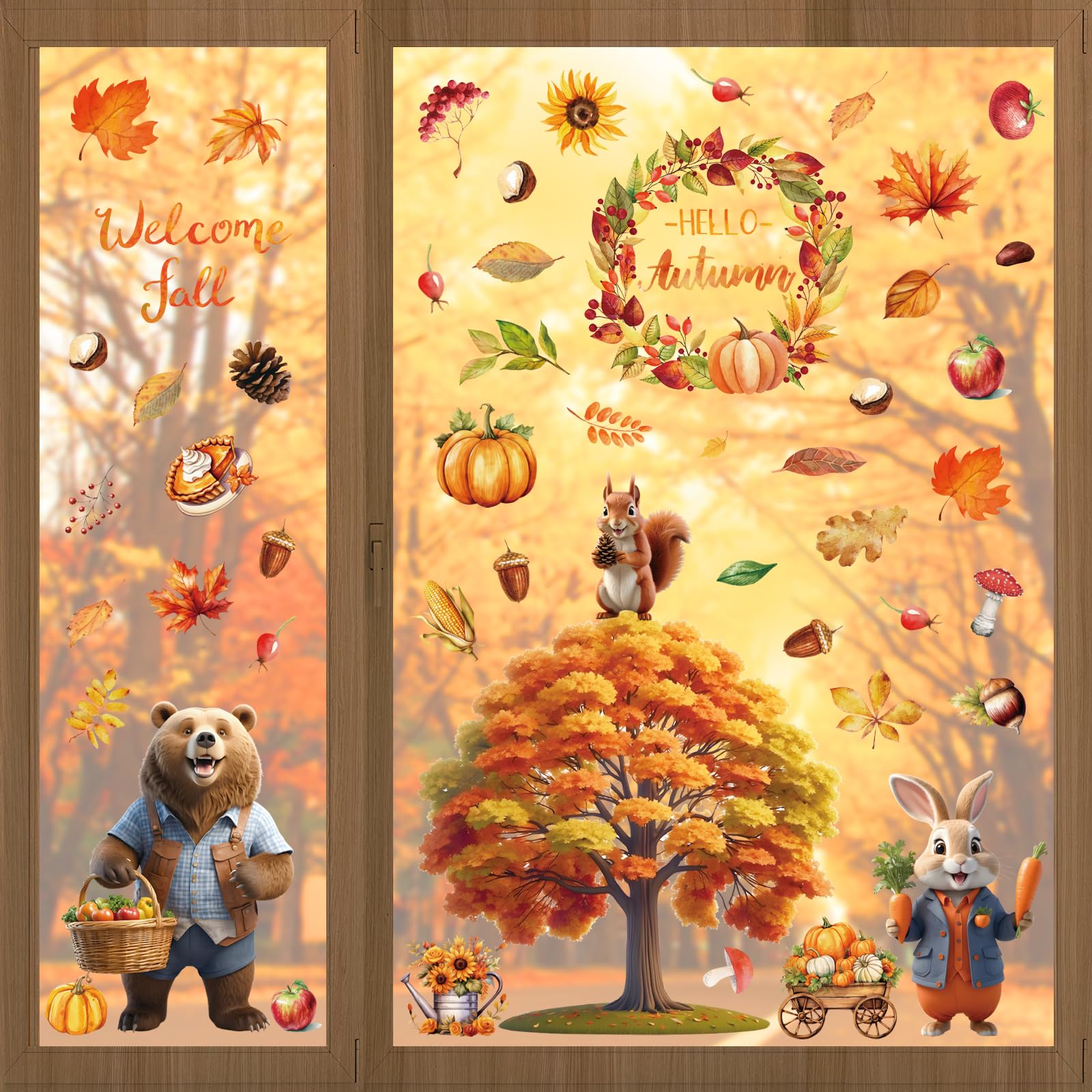 Joyoldelf 88-Piece Autumn Window Stickers Set - Fall Home Decor with 3D Animated Scarecrow, Bear & Rabbit Designs - Thanksgiving Window Clings for Glass Doors & Windows - Perfect for Seasonal Home Decorating & Holiday Parties