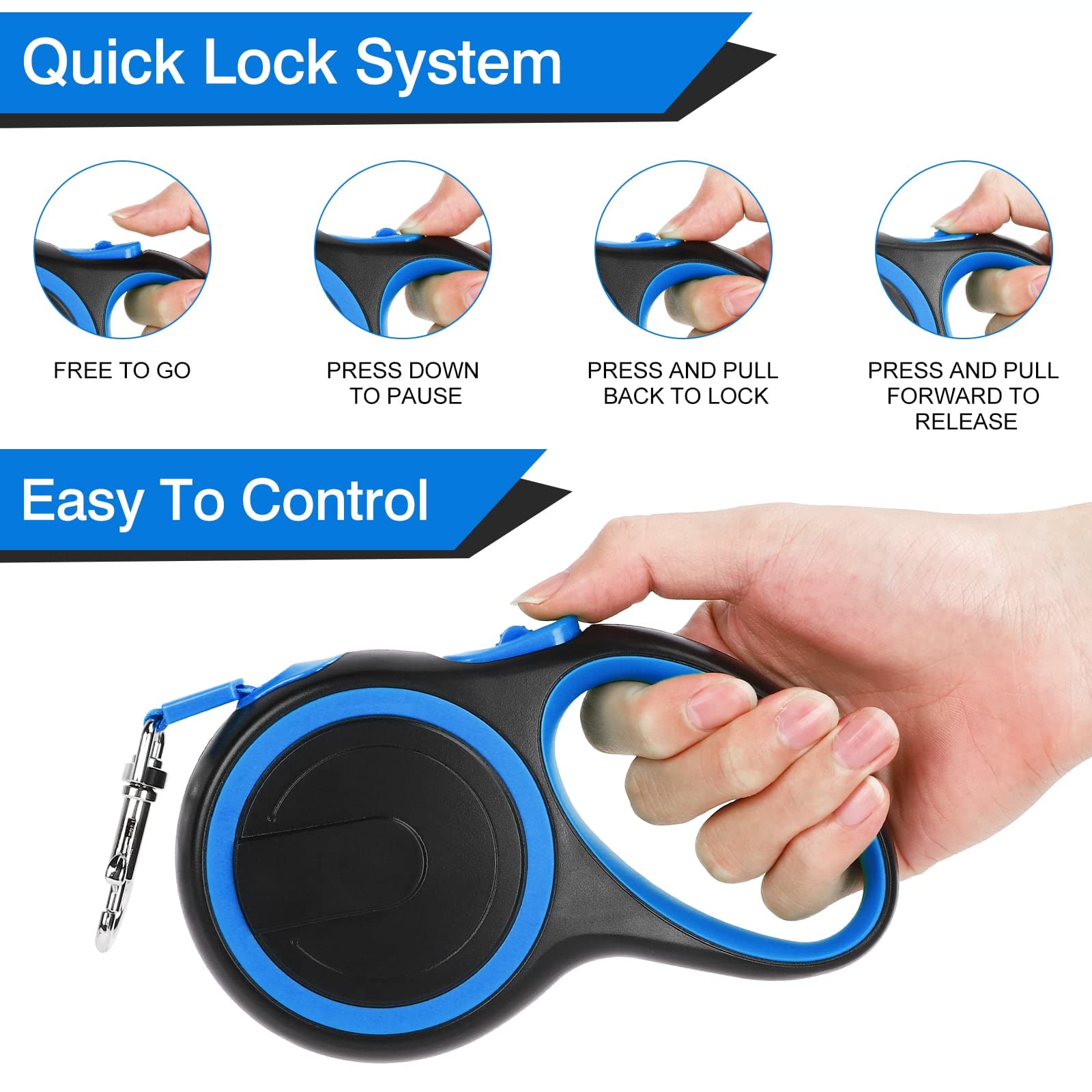 UrbanX Retractable Dog Leash - 15ft Strong Nylon Tape with Anti-Slip Handle & One-Handed Brake/Pause/Lock for Medium Hounds Like Petit Basset Griffon Vendéen - Blue | Perfect for Walking, Training & Outdoor Adventures