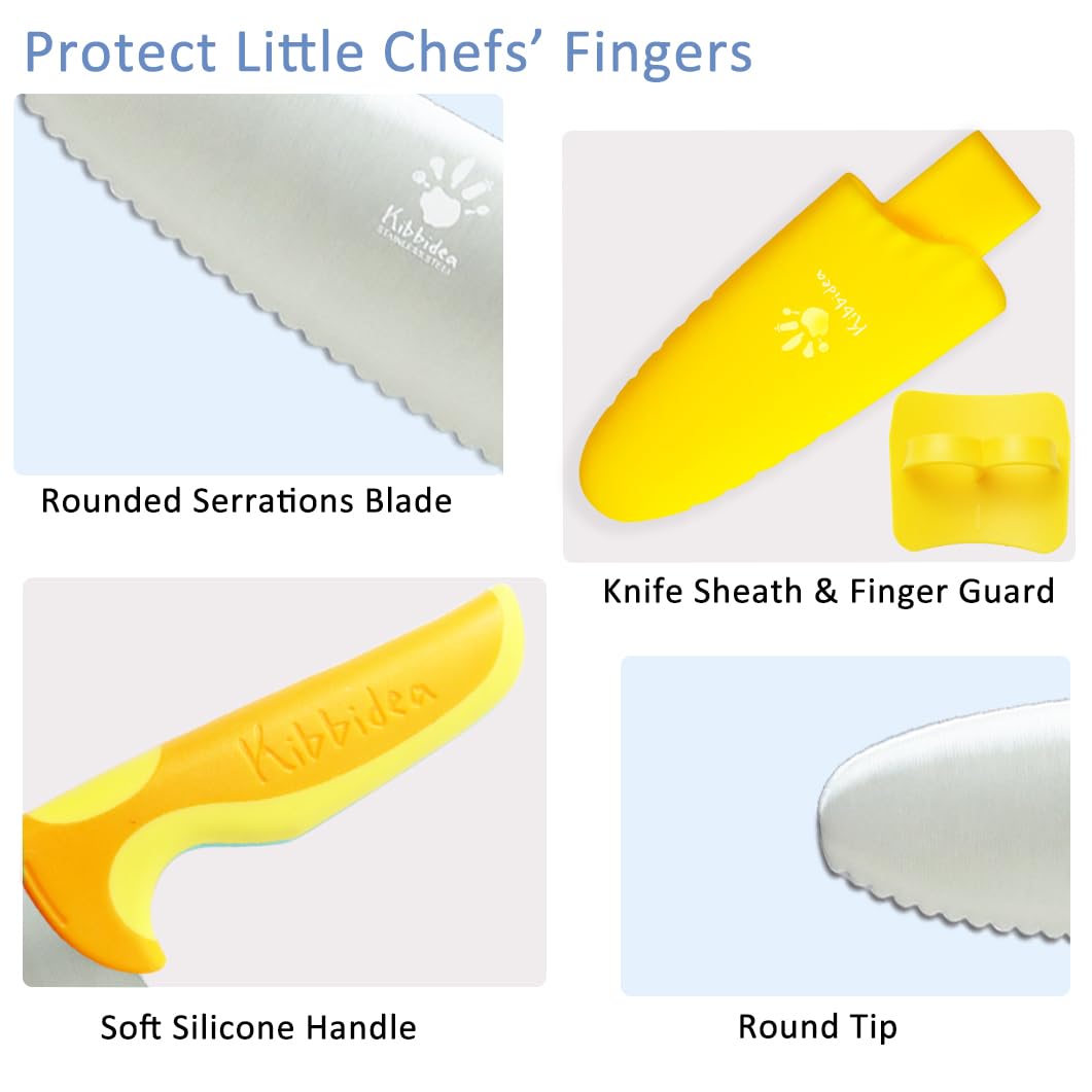 4 Pcs Kids Knife Set - BPA-Free Stainless Steel Safety Knives with Round Tips for Real Cooking (Yellow) - Perfect for Toddler Cooking Classes & Safe Meal Prep at Home
