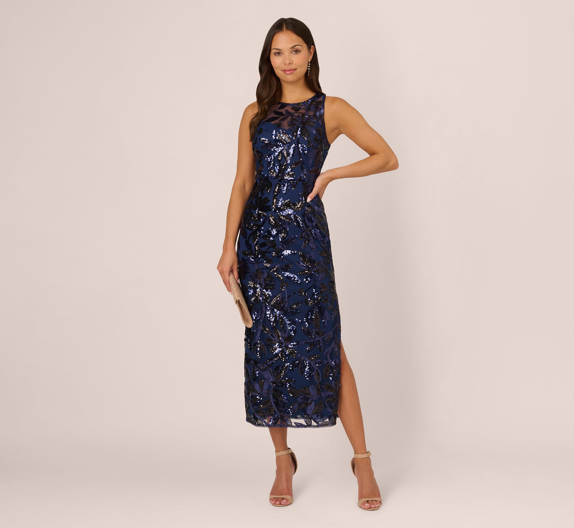 Sequin Leaf Halter Column Gown With Sheer Neckline in Navy Black - Elegant Evening Dress for Prom, Gala & Formal Events