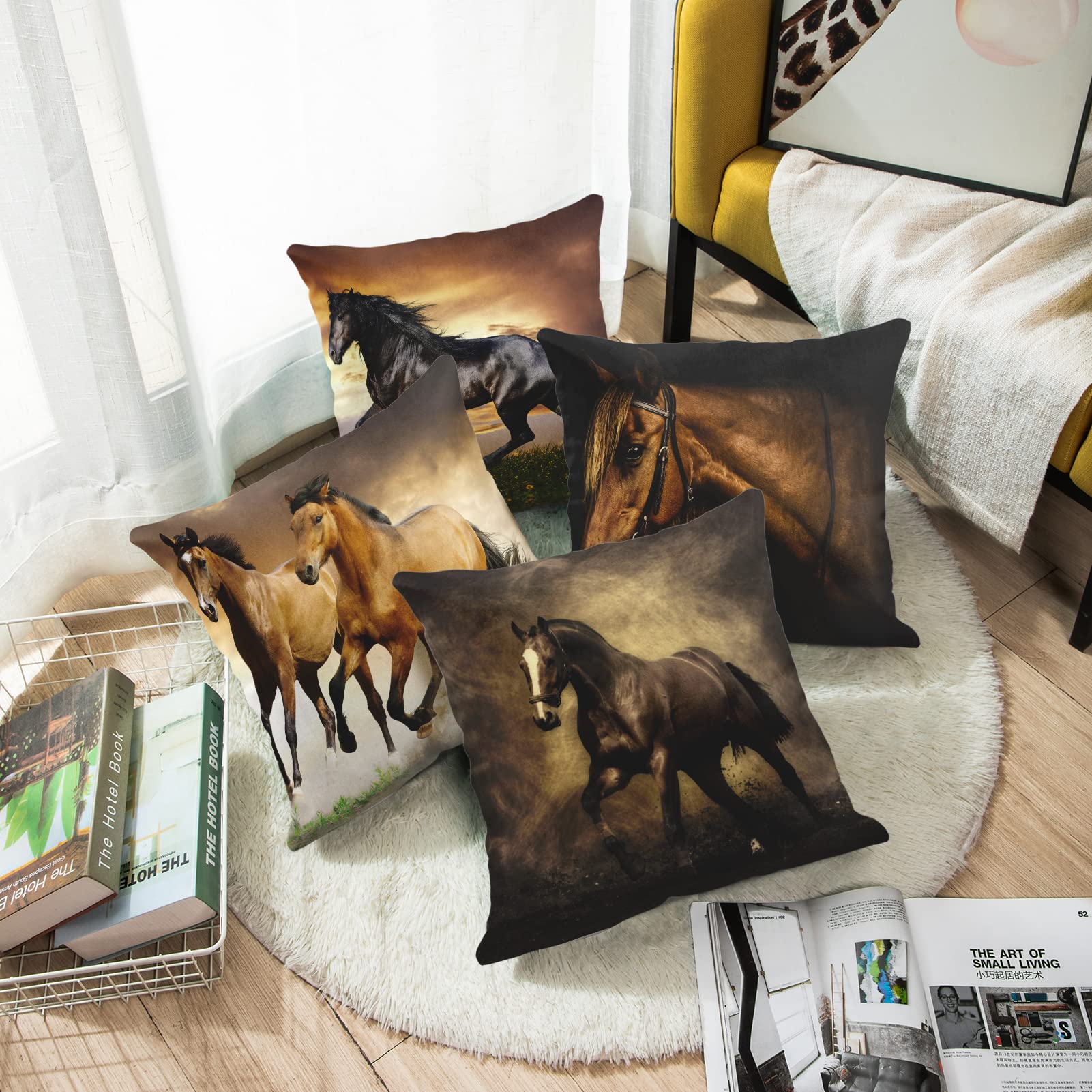 Emvency Set of 4 Horse Running Design Throw Pillow Covers - 18x18 Inch Square Decorative Pillow Cases for Sofa, Armchair & Bed - Cartoon Animal Print Home Decor for Living Room, Bedroom & Nursery