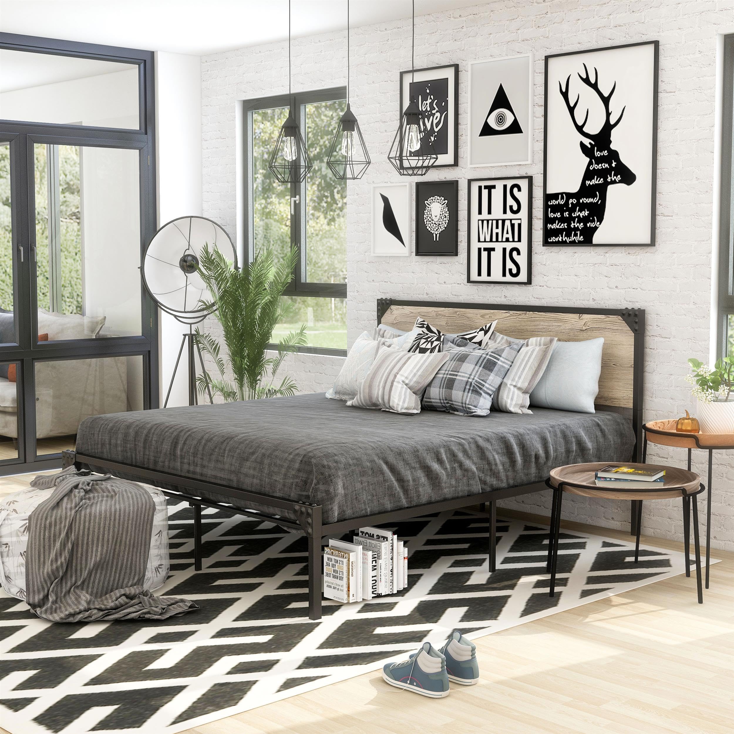 Furniture of America Budenholz Metal Queen Platform Bed Frame in Gray - Modern Minimalist Bedroom Furniture for Small Spaces & Guest Rooms