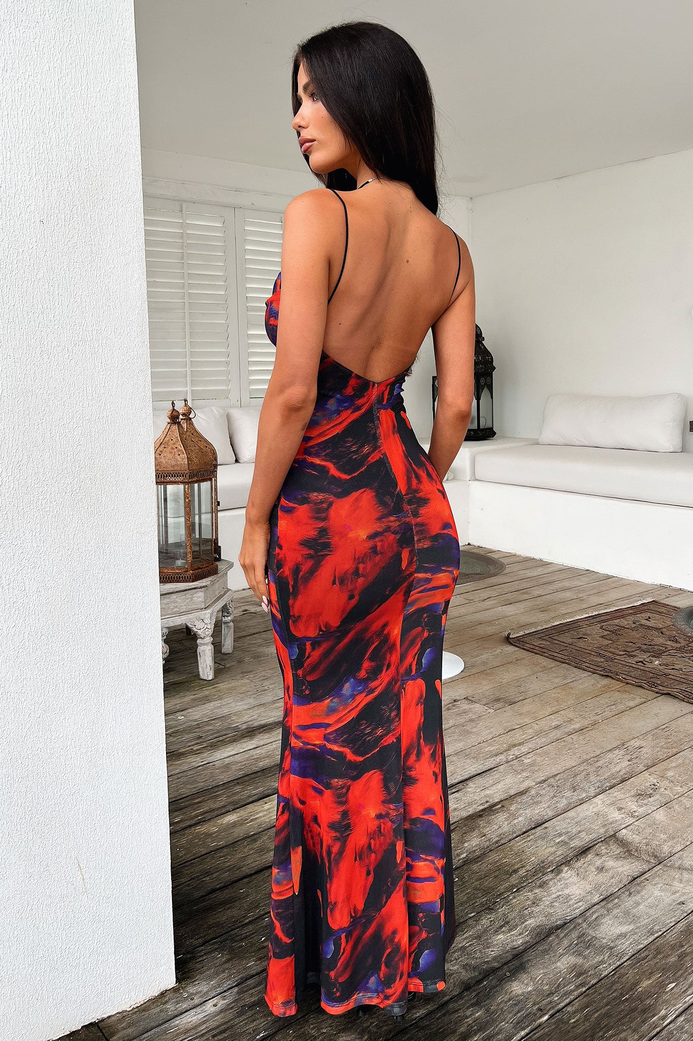Barb Mesh Maxi Dress - Black & Red | Sexy Long Sleeve Evening Gown for Women | Perfect for Parties, Date Nights & Special Occasions