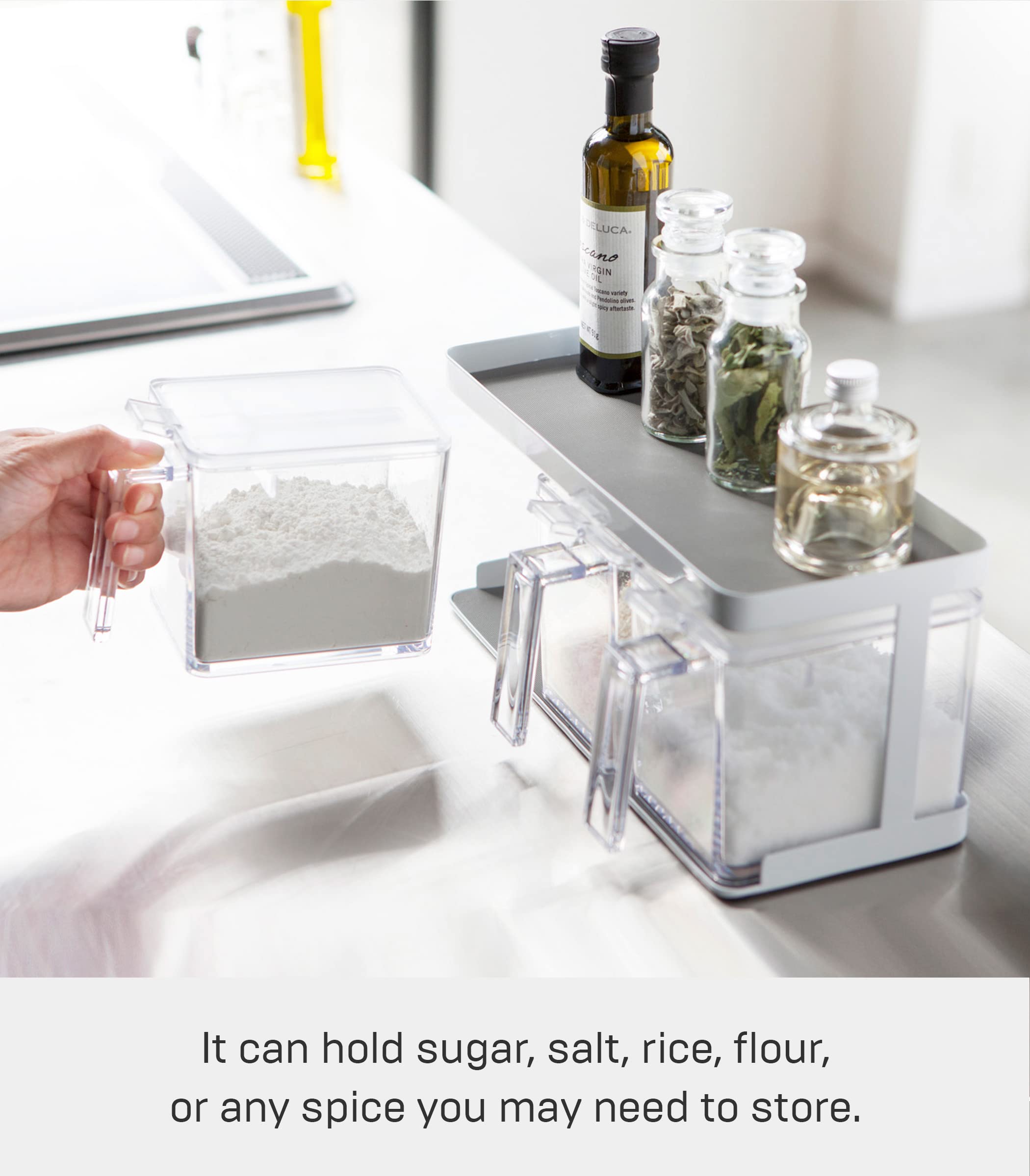 Yamazaki Home Pantry Canisters with Rack - Kitchen Storage Containers Organizer | Stainless Steel & Plastic Food Storage Canisters | White Airtight Canisters for Flour, Sugar, Coffee, Tea | Perfect for Pantry, Countertop & Kitchen Organization