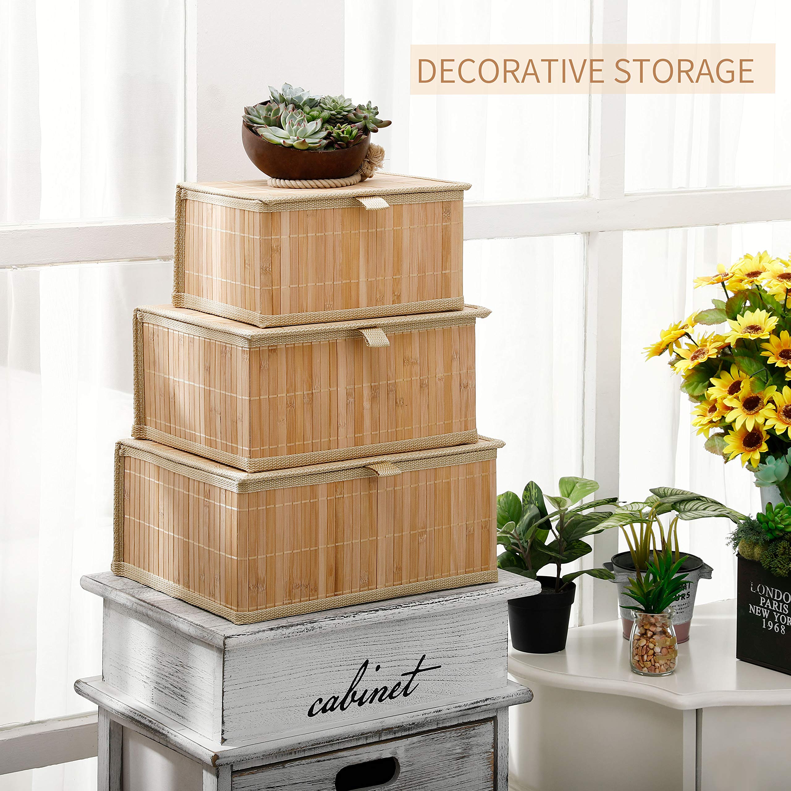 Honygebia Set of 3 Bamboo Storage Baskets with Lids - Woven Lined Decorative Organizer Boxes for Home, Kitchen, Shelf | Beige Wicker Baskets for Home Decor, Pantry Organization & Gift Wrapping Storage