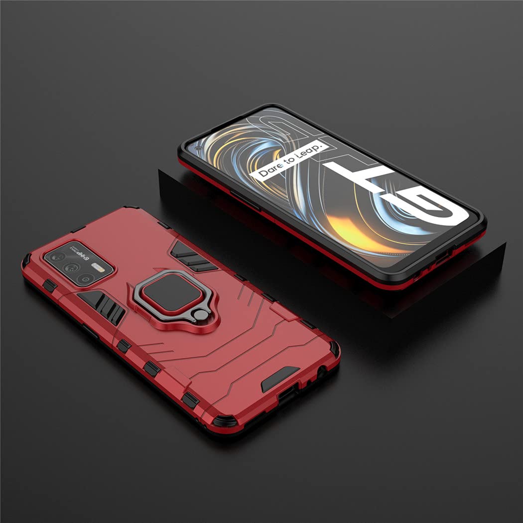 Oppo Realme GT 5G Case | Realme GT Neo Shockproof Hard Bumper Cover with Metal Ring Grip & Kickstand | Magnetic Car Mount Compatible | Dual Layer Rugged Protection (Red) - Perfect for Outdoor Activities & Daily Use