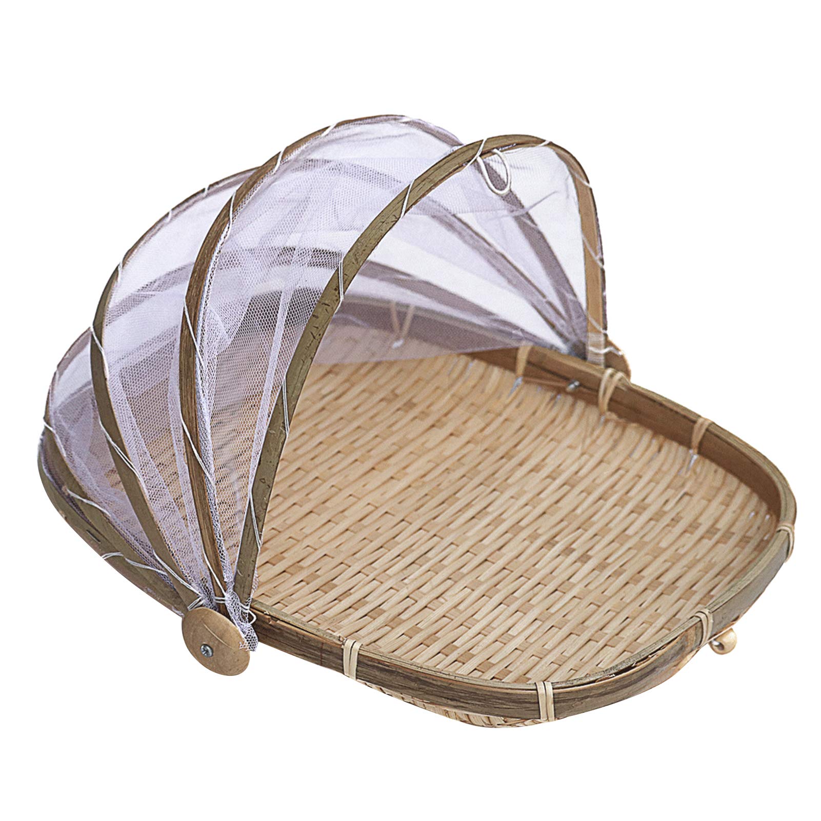 Academyus Bamboo Woven Food Cover - Breathable Fruit Fly & Insect Protection Net Tent with Storage Basket - Natural Log Color for Picnic, Camping & Kitchen Storage
