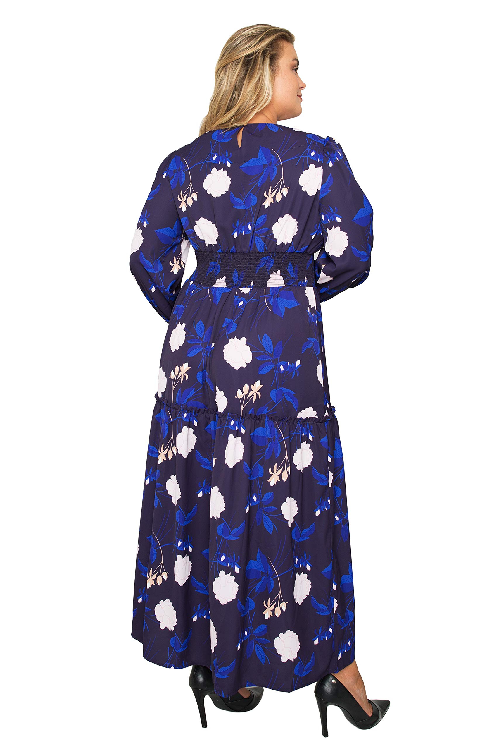 Plus Size Floral Print Smocked Waist Long Sleeve Maxi Dress for Women | Elegant & Comfortable Summer Beach Wedding Party Outfit