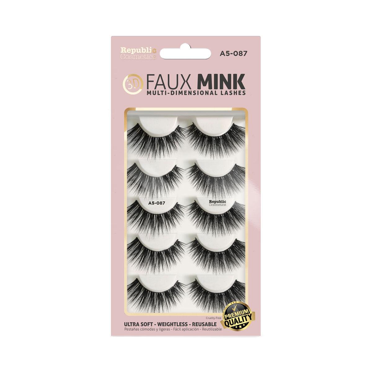 Republic Cosmetics 3D Faux Mink Lashes - 5 Pairs Set (Style A5-087) | Natural Looking False Eyelashes for Daily Wear & Special Occasions