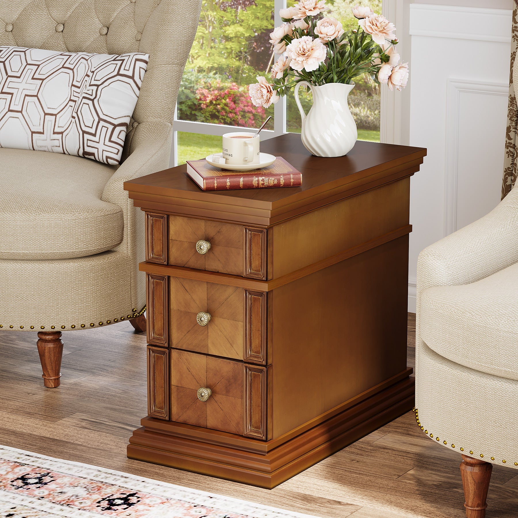Modern Wooden End Table with 3 Drawers - Nightstand, Sofa Side Table for Living Room, Bedroom - Perfect for Small Spaces & Home Decor