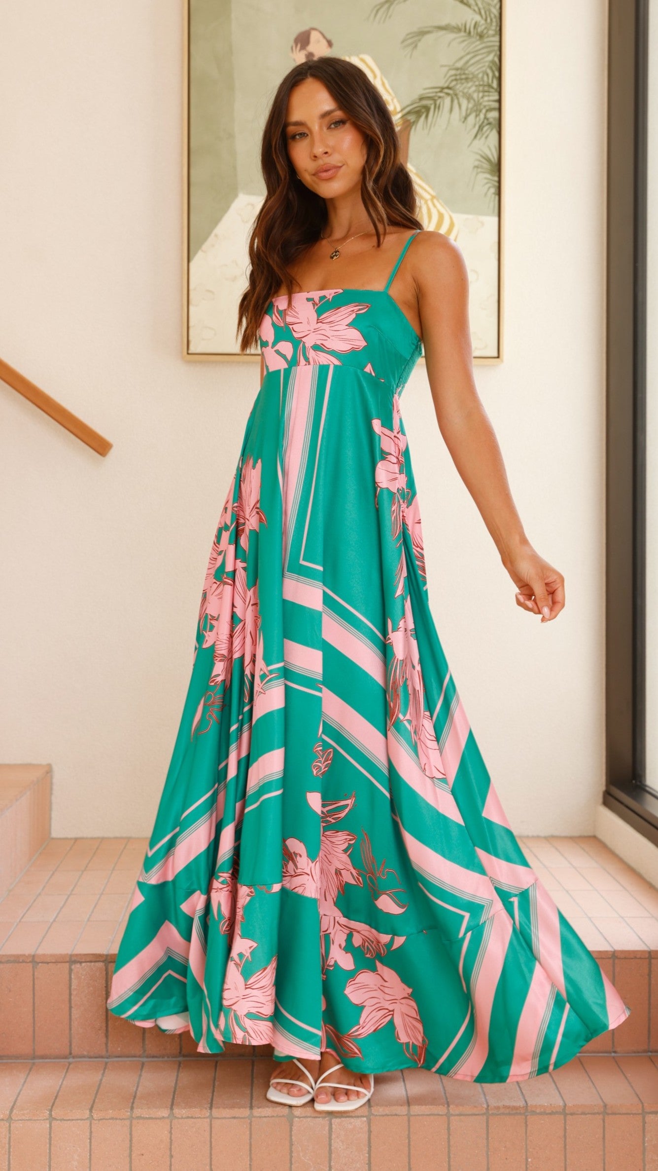 Kaethe Maxi Dress - Green & Pink Floral Summer Dress for Women | Beach Wedding, Vacation, Party Wear