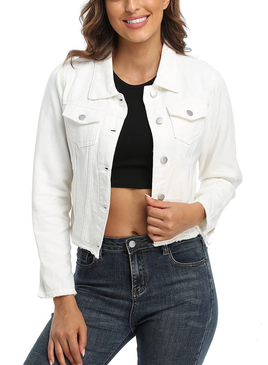 Anienaya Women's Frayed Washed Cropped Denim Jacket - Distressed Button Up Jean Jacket with 2 Side Pockets | Perfect for Casual Outfits, Streetwear & Spring Layering