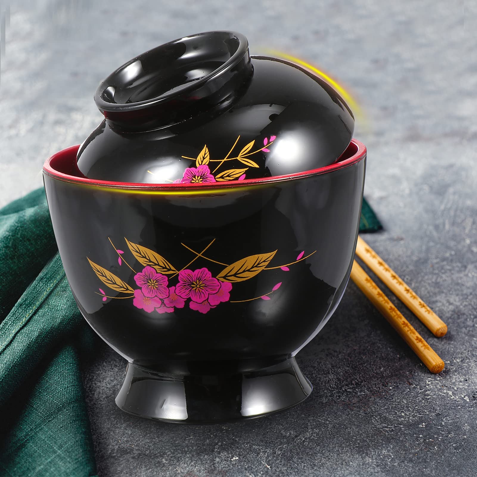 Hemoton Japanese Miso Soup Bowl with Lid - Traditional Ramen & Rice Bowl, Lacquer Finish, Black Style - Perfect for Home Kitchen & Dining Serving