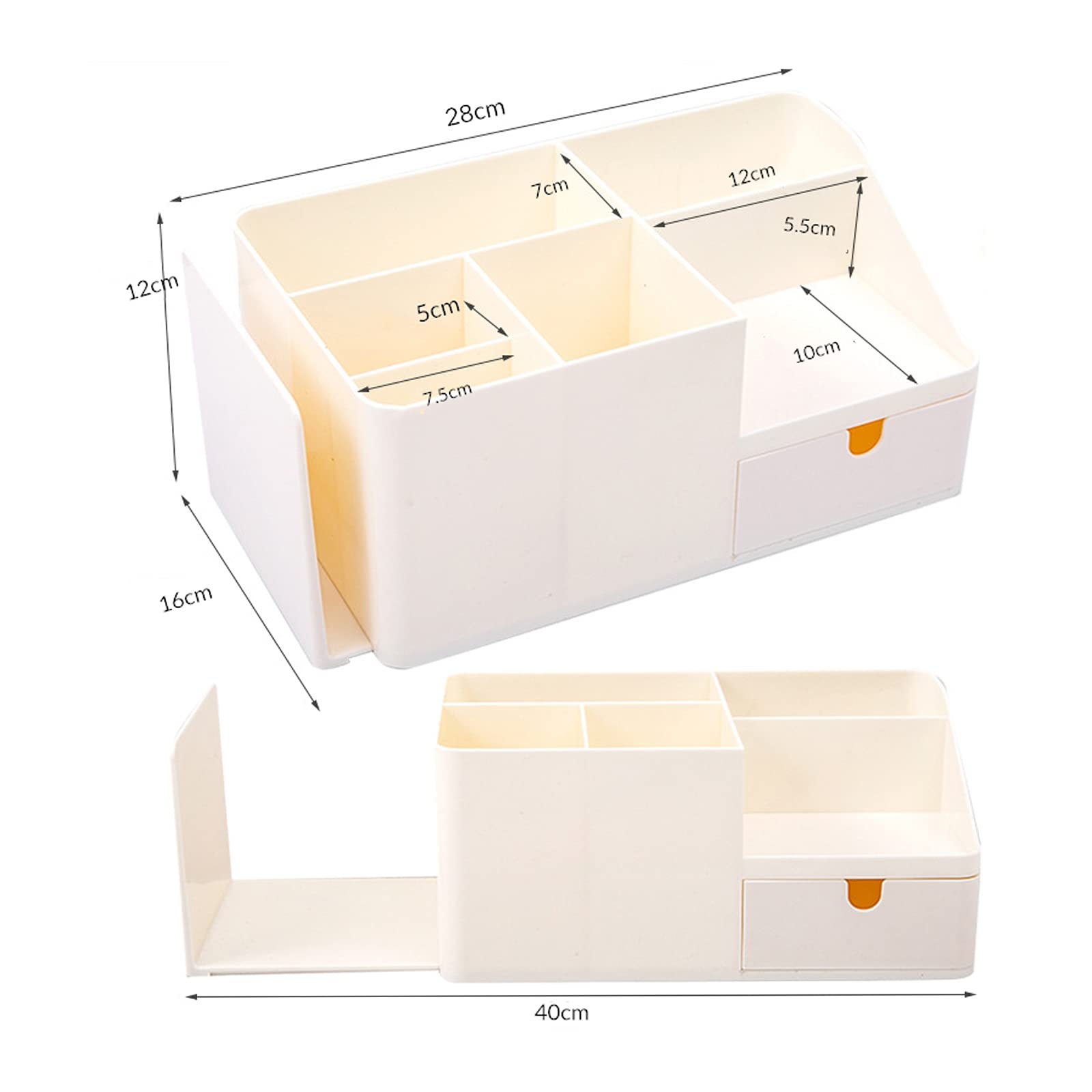 Large Capacity Desk Organizer with Drawer - Beige Plastic Bookend, Pen Holder & Makeup Storage Caddy for Office, Study & Home Organization (Large Size)