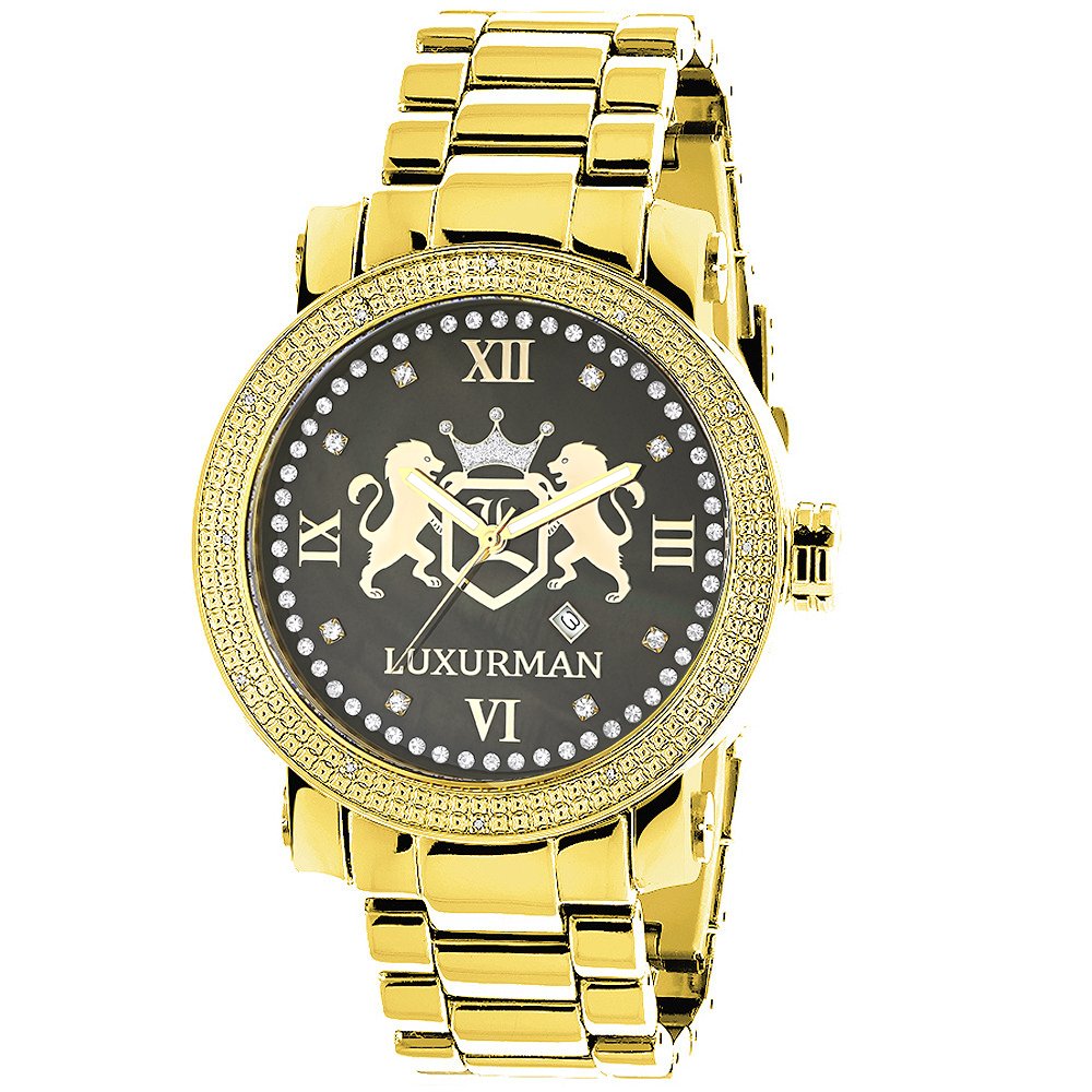 LUXURMAN Men's Diamond Watch - 0.12ct Yellow Gold Plated with Black Mother of Pearl Dial | Luxury Dress Watch for Business, Formal Events & Gifts