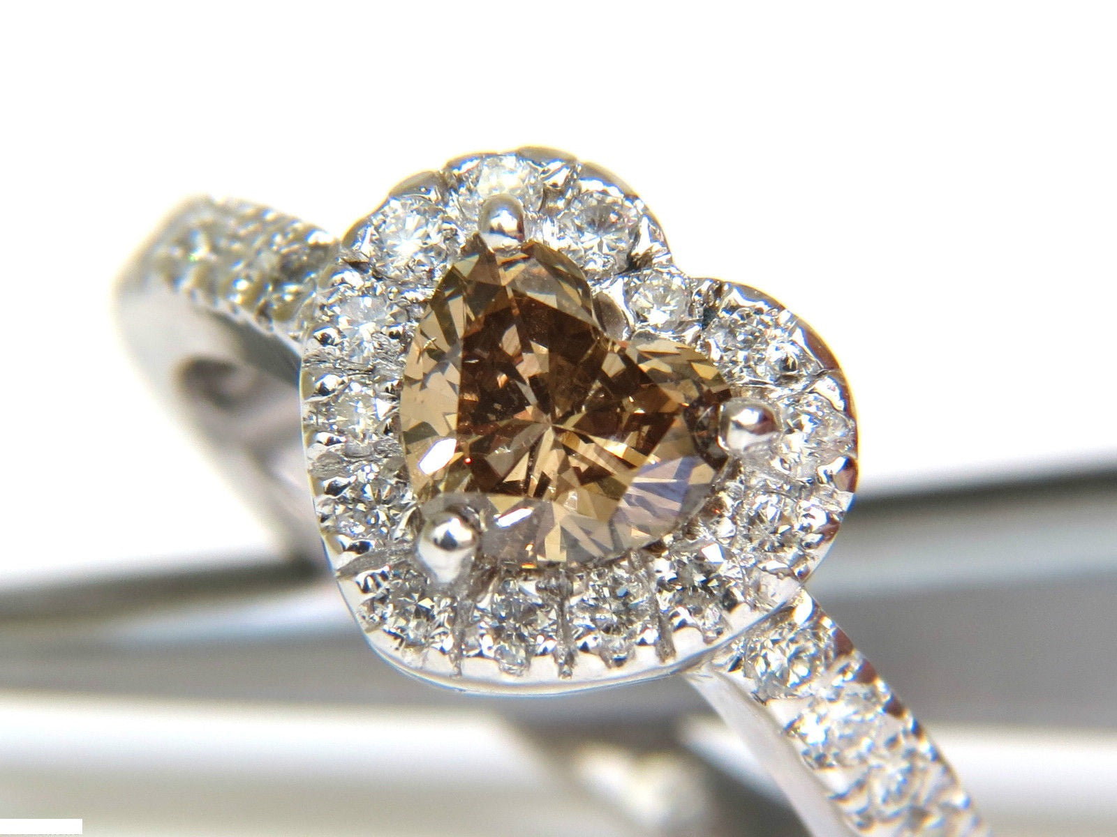 1.37 Carat Natural Fancy Bright Brown Heart Cut Halo Diamond Ring in 14K Gold VS Clarity - Perfect for Engagement, Anniversary & Romantic Gift Giving