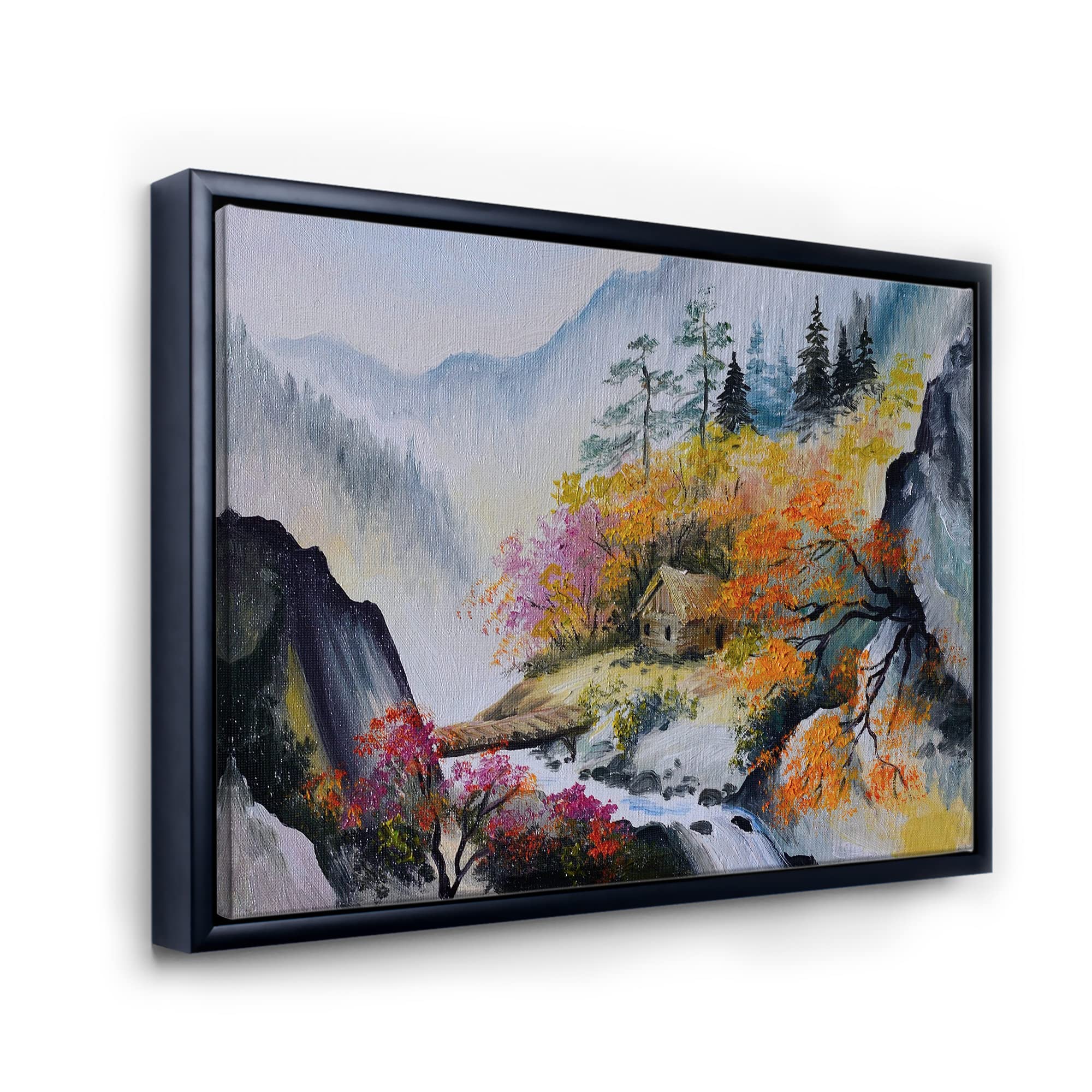 DesignQ Little House in Vibrant Mountain Landscape - Traditional Framed Canvas Wall Art Print for Living Room, Bedroom & Office Decor | Nature Inspired Home Decorations