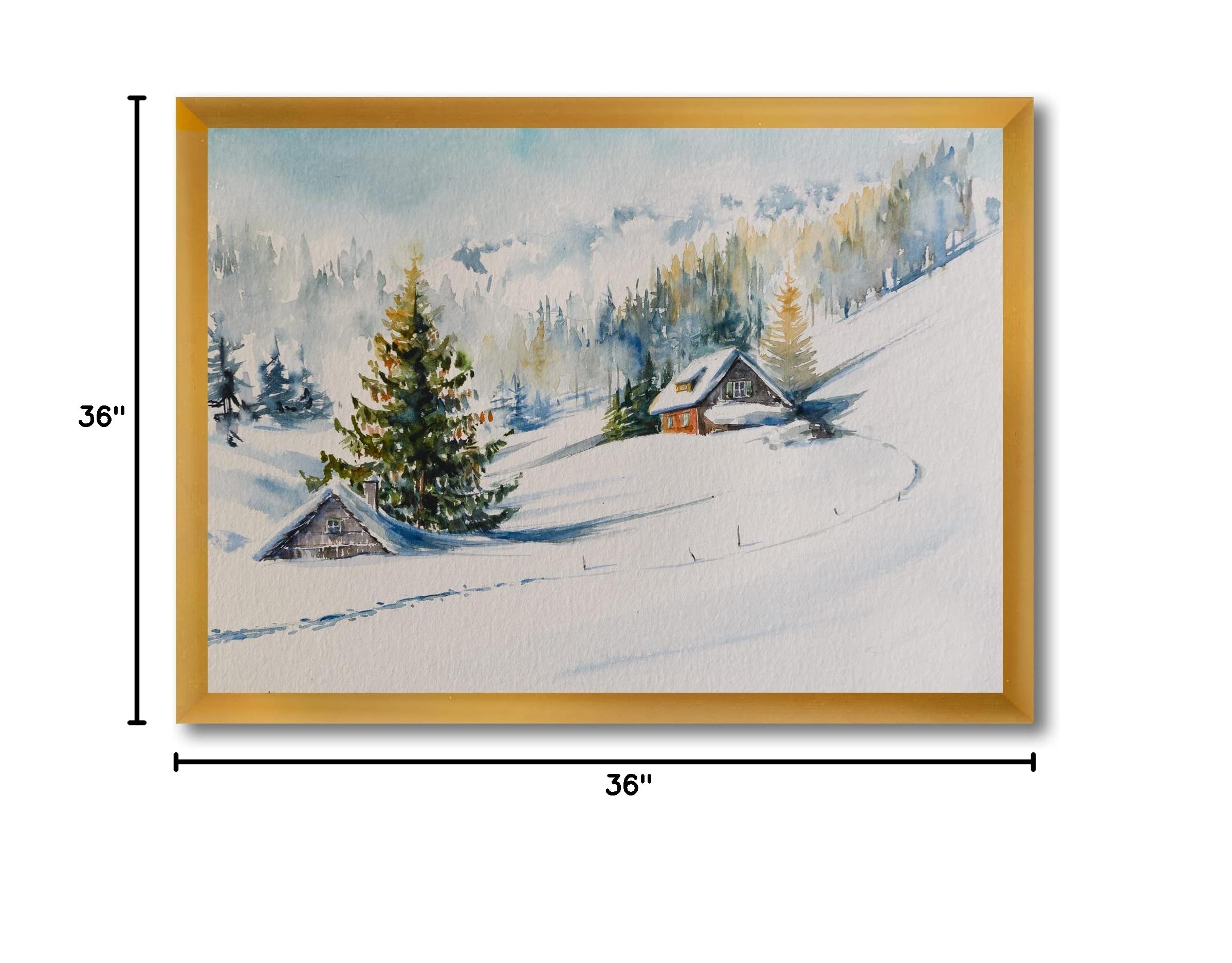 DesignQ Little House in the Winter Mountains Framed Wall Art - Traditional Landscape Painting for Living Room, Bedroom & Office Decor