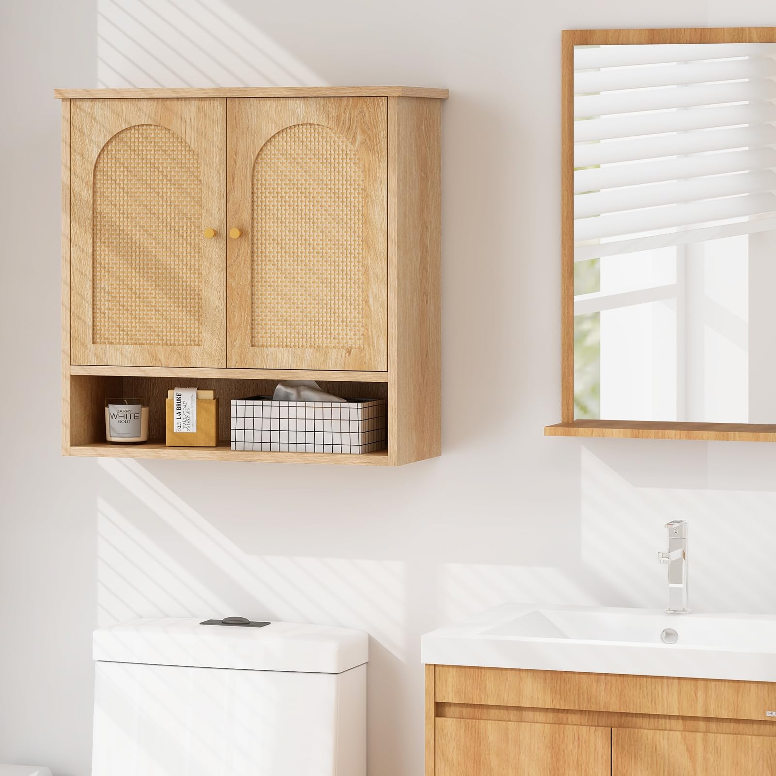 Tangkula Wall Mounted Medicine Cabinet with 2 Rattan Doors - Bathroom Storage Over Toilet, Hanging Cabinet for Laundry Room, Kitchen & Entryway (Natural Finish, Open Back) - Perfect for Small Spaces & Organizing Essentials