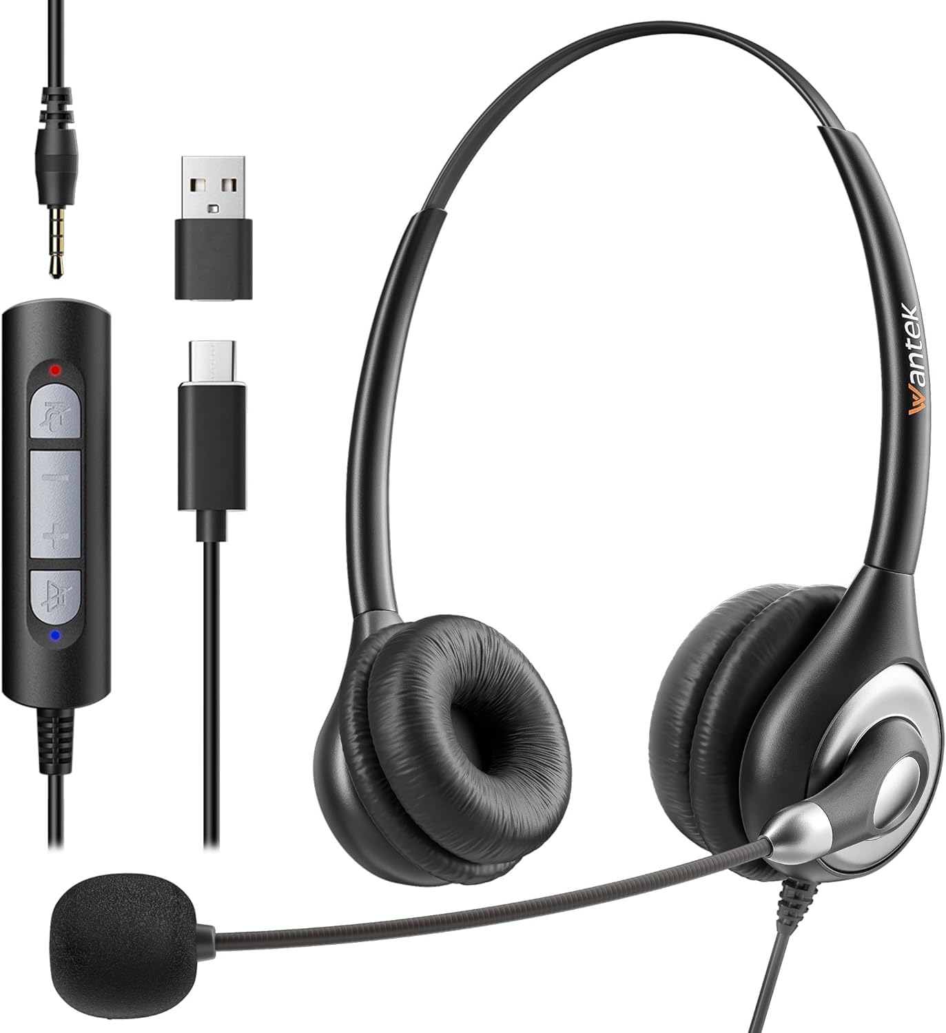 Wantek USB Wired Headset with Noise Cancelling Microphone for PC/Laptop - 3.5mm & USB-C Computer Headphones with Inline Volume Control & Mute Button | Perfect for Online Meetings, Gaming & Remote Work