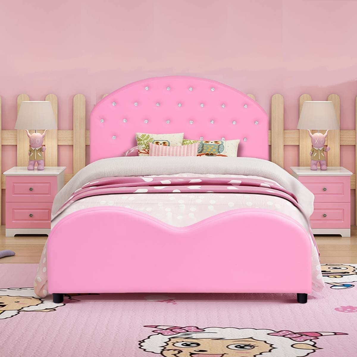 INFANS Twin Size Kids Bed with Headboard - Upholstered Toddler Bed Frame for Girls & Boys, Princess Style Children's Bedroom Furniture for Baby & Toddler | Perfect for Nursery, Bedroom & Sleepovers