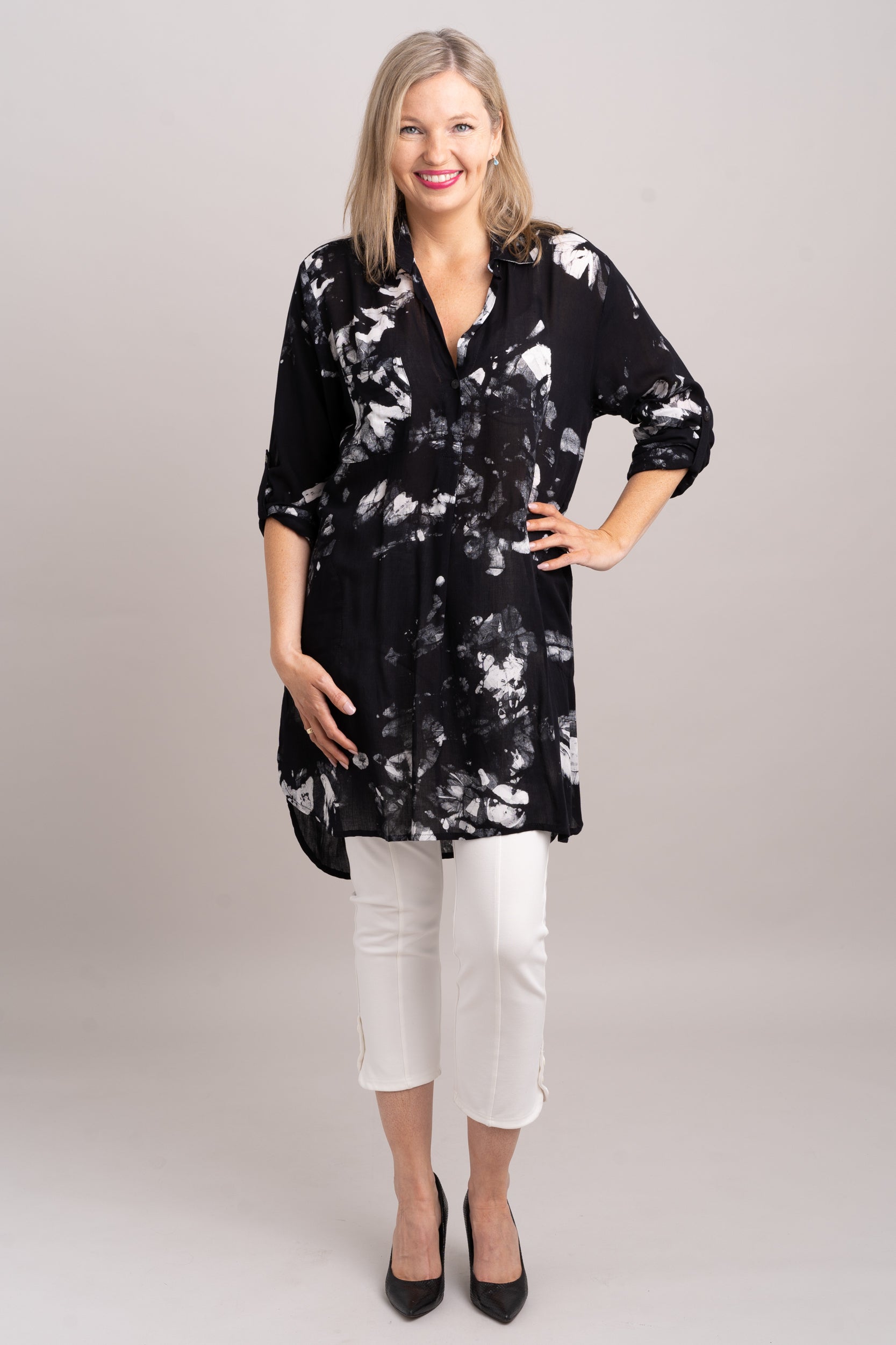 Annabelle Tunic Top - Moon Flower Print Women's Blouse - Final Sale - Perfect for Casual Wear, Office Outfits & Summer Dresses