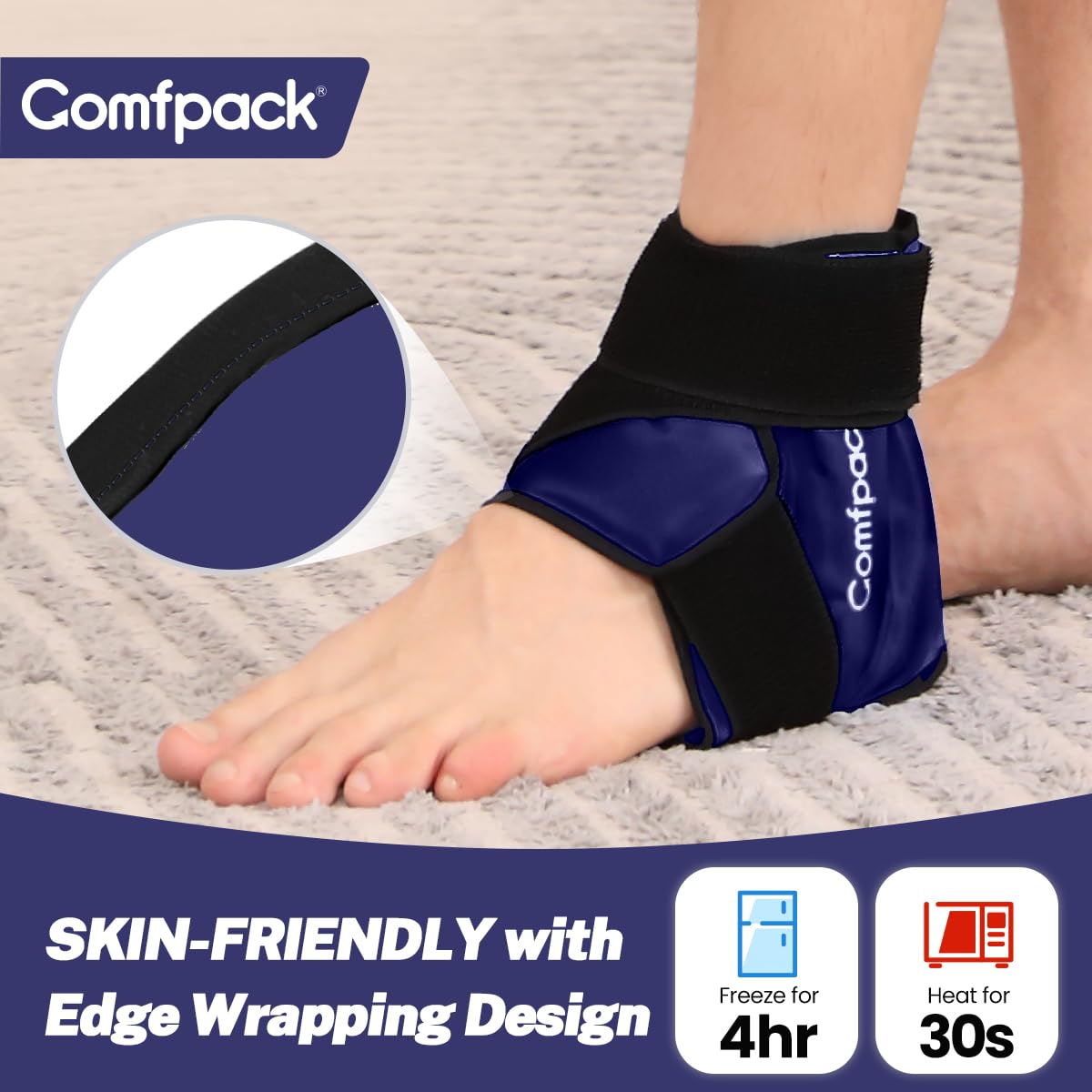 Ankle Ice Pack Wrap for Swelling & Pain Relief - Hot & Cold Therapy Foot Wrap for Plantar Fasciitis, Achilles Tendonitis, Sprains - Perfect for Post-Workout Recovery, Injury Treatment & Pain Management (Navy)