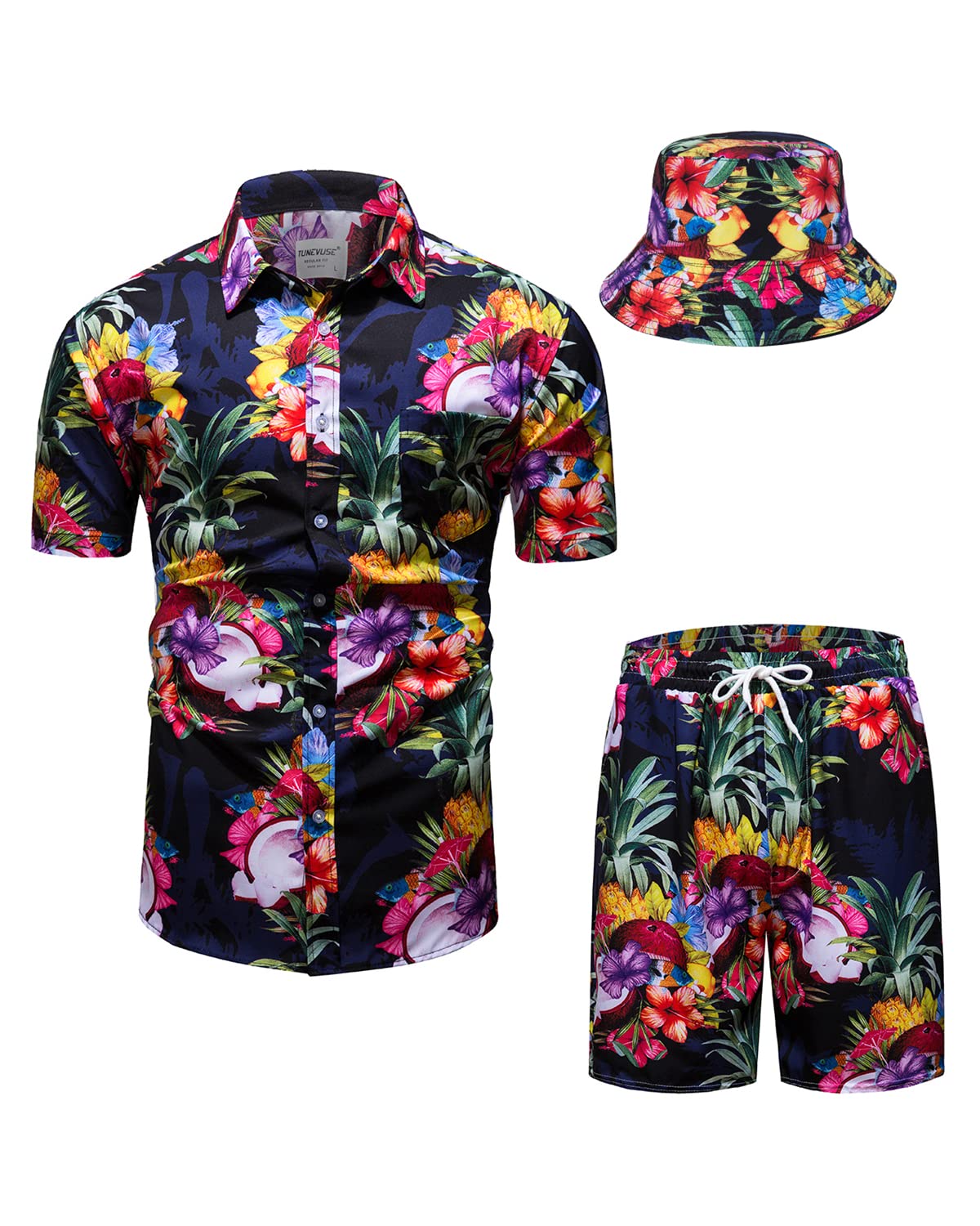 TUNEVUSE Men's Hawaiian Shirt and Shorts Set - 2 Piece Tropical Beach Outfit with Floral Print & Bucket Hat | Summer Vacation, Luau Party, Poolside Relaxation Outfit
