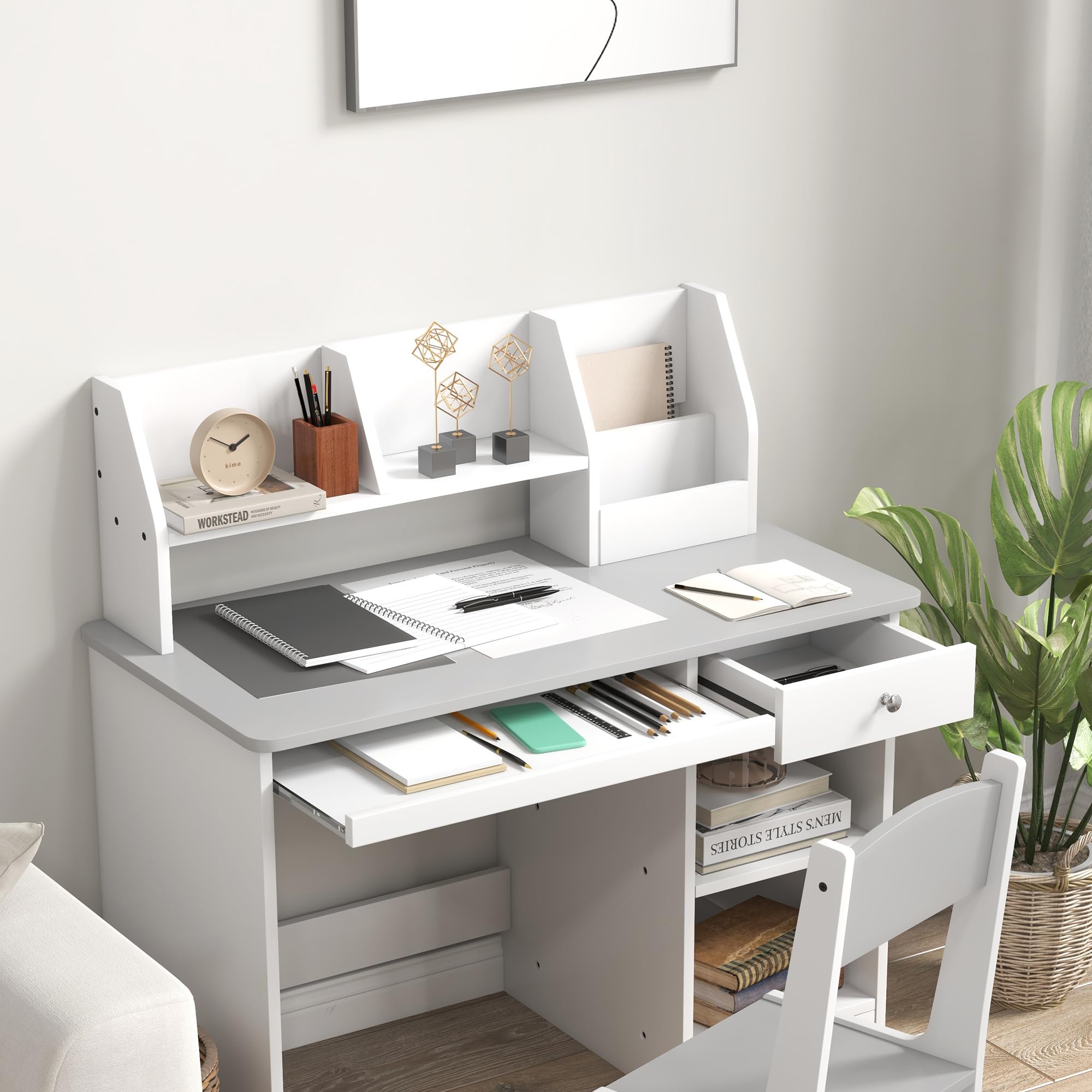 Qaba Kids Study Desk and Chair Set with Storage - Adjustable Height Children's Desk for Ages 5-8 - Gray - Perfect for Homework, Drawing & Learning Activities