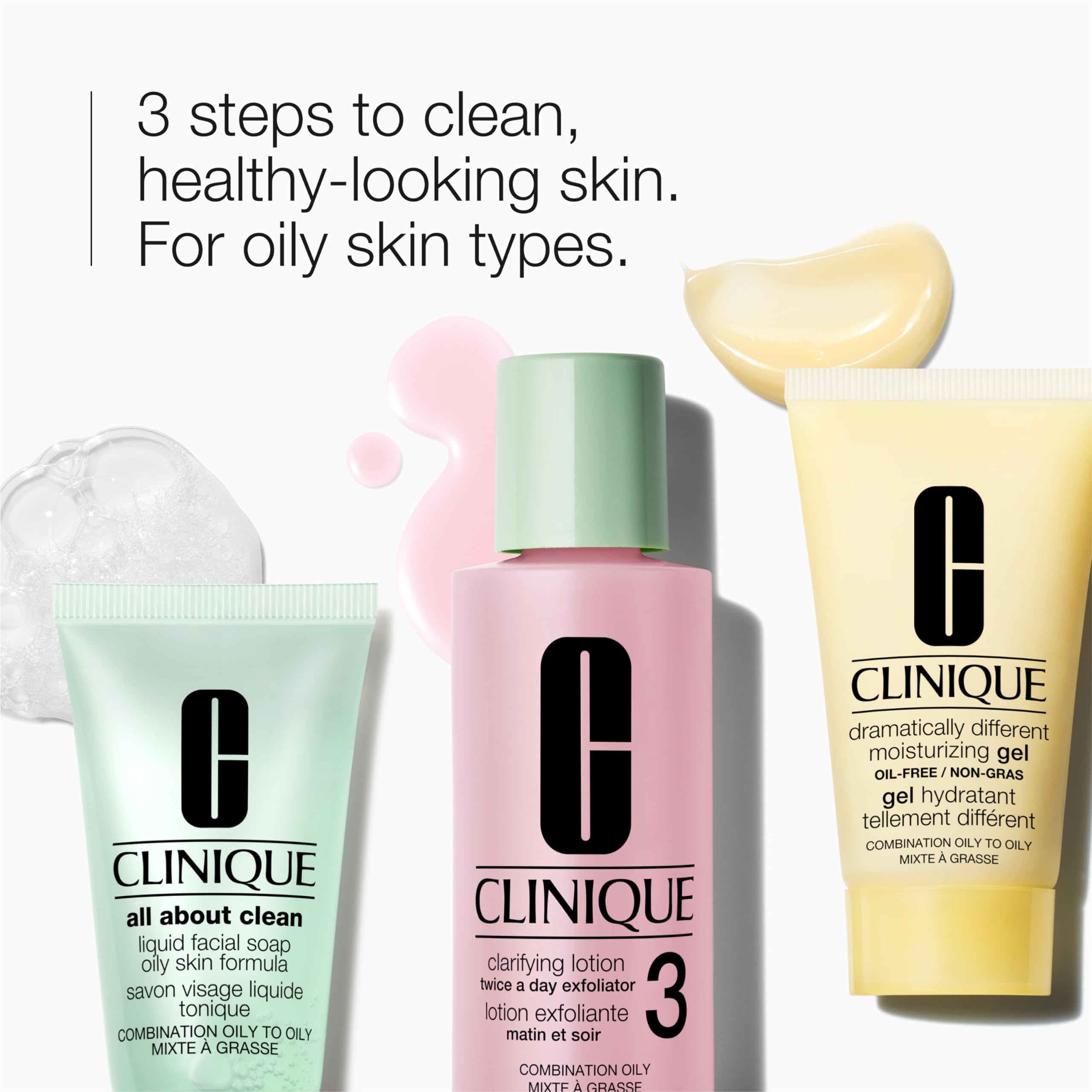 Clinique 3-Step Skincare Set for Oily & Combination Skin | Travel Size Face Wash, Clarifying Toner & Hydrating Gel | Cleanser, Exfoliator & Moisturizer | Perfect for Travel, Gym & Daily Skincare Routine