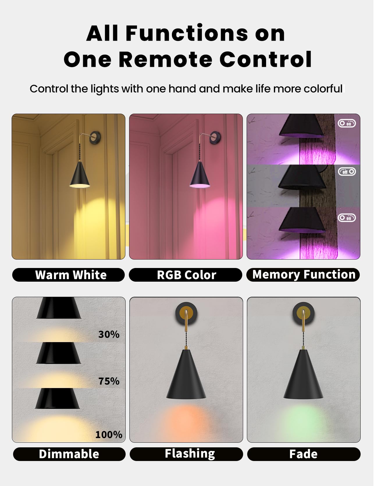 LUMIMAN Black Battery Operated Wall Sconce - Set of 2 Wireless Wall Lights with Memory Function & Timer, 13 RGB Dimmable Battery Powered Wall Lamp for Bedroom, Living Room, Hallway - Perfect for Ambient Lighting, Home Decor, and Nighttime Safety