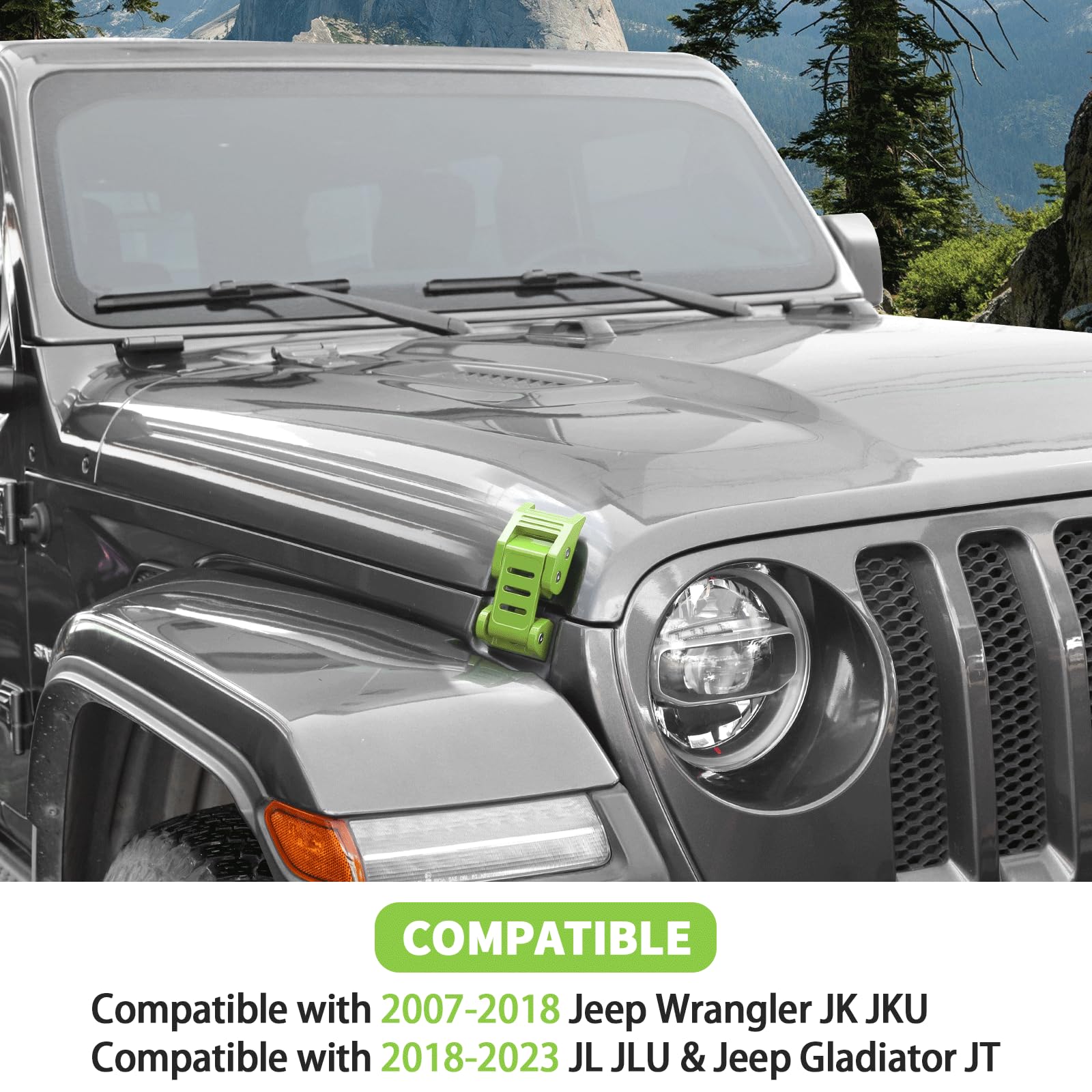 Stainless Steel Hood Latch Kit for 2007-2018 Jeep Wrangler JK/JKU & 2018-2025 JL/JLU/Gladiator JT - Durable Green Exterior Accessories for Off-Roading & Adventure