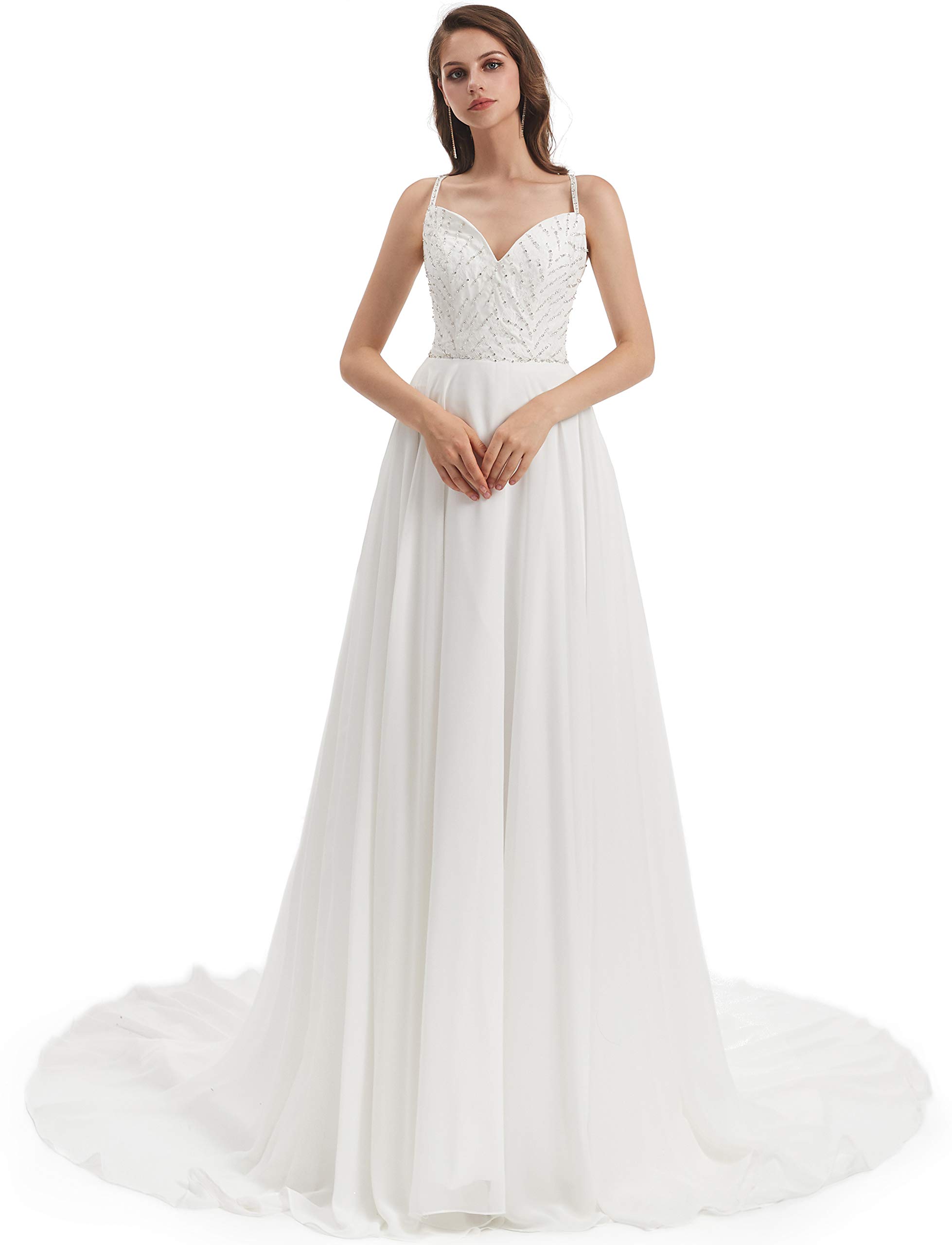 Elegant Women's A-Line Spaghetti Strap Beaded Sleeveless Wedding Dress for Beach Brides - Perfect for Destination Weddings, Beach Ceremonies & Summer Bridal Parties