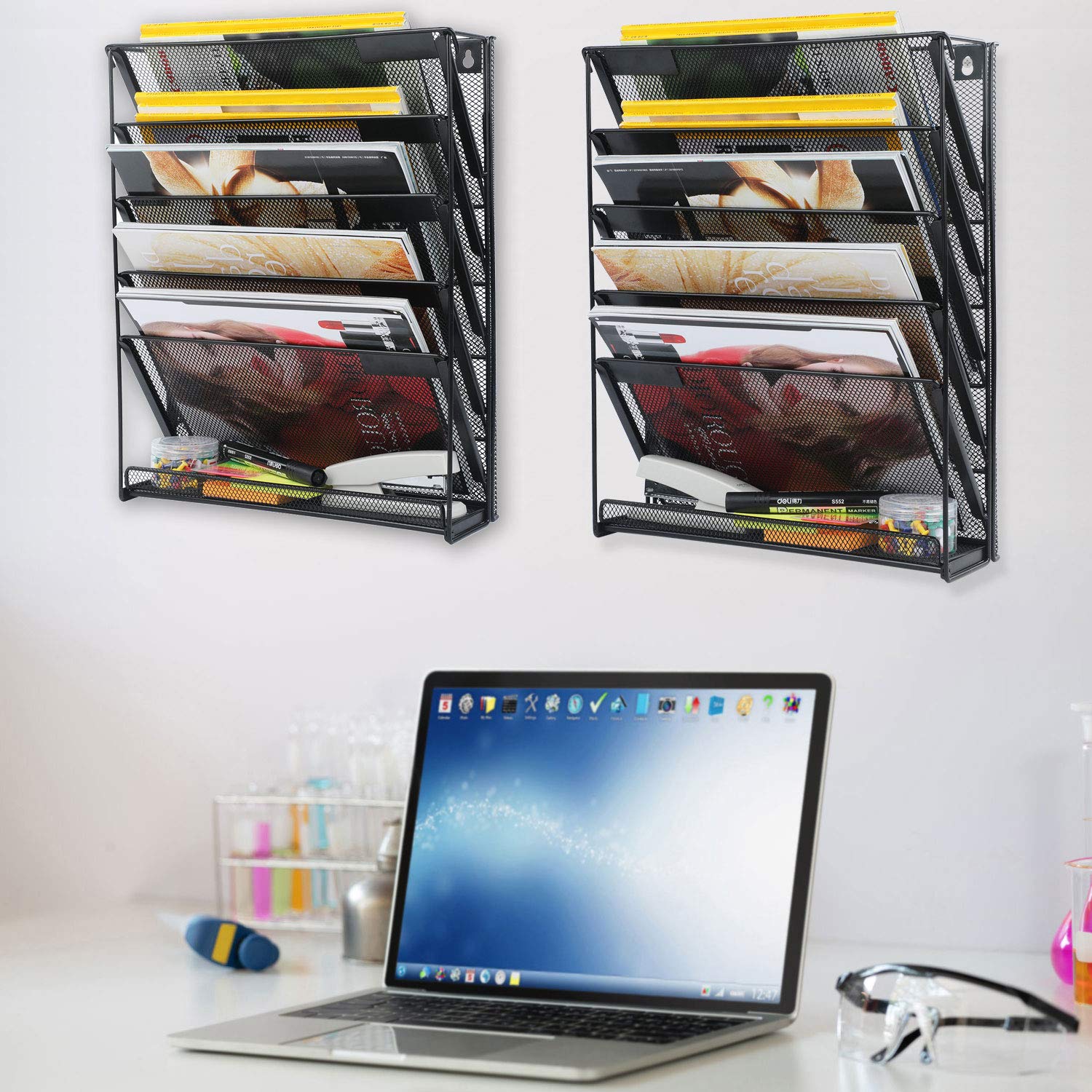 Samstar 2 Pack Wall File Organizer - 6-Tier Vertical Wall Mount Paper Holder for Office & Home Organization - Black - Perfect for Desk, Kitchen, Bathroom & Classroom Storage