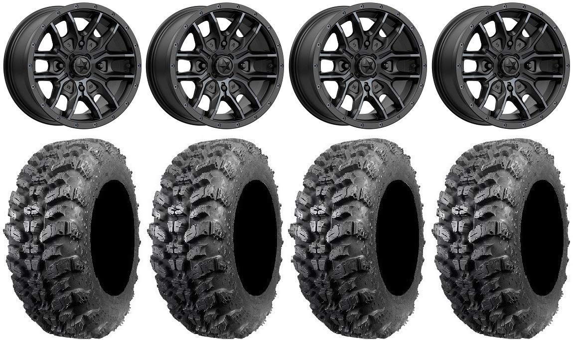 MSA Fang 14-Inch Black Wheels with 32-Inch Sniper 920 Tires Bundle - 4x110 Bolt Pattern & 12mmx1.25 Lug Kit (9-Piece Set) for Off-Road, ATV, and UTV Adventures