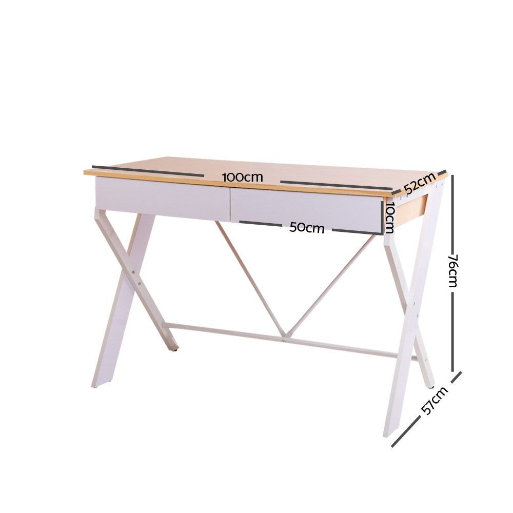White Metal Desk with Oak Top and Drawer - Modern Home Office Furniture for Small Spaces & Workstations